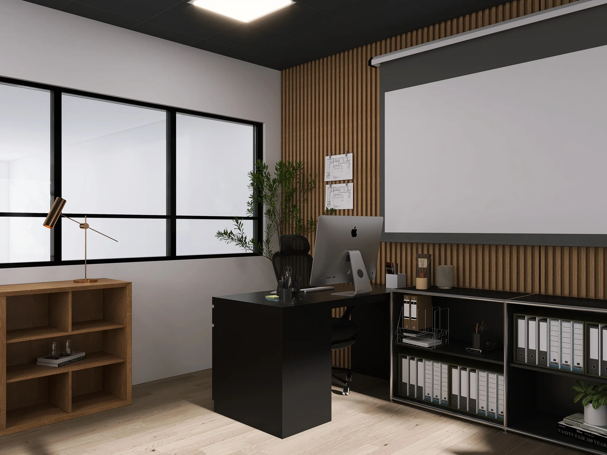Rendu 3D d’un bureau : poste de travail noir, ordinateur, rangements à classeurs, lambris de bois, fenêtres à cadre noir.