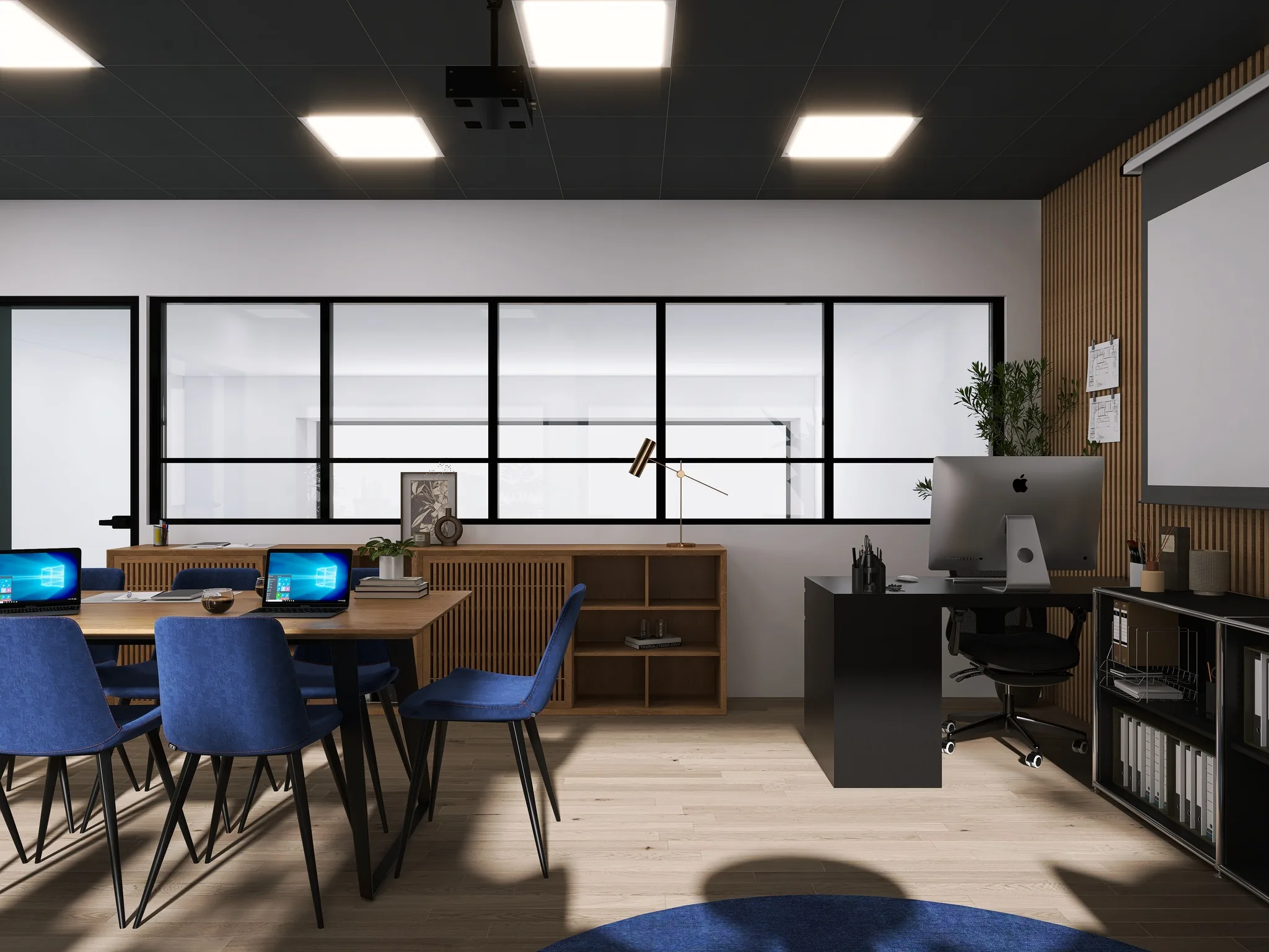 Rendu 3D d’un plateau de bureaux : table de travail aux chaises bleues, bureau noir, verrières.