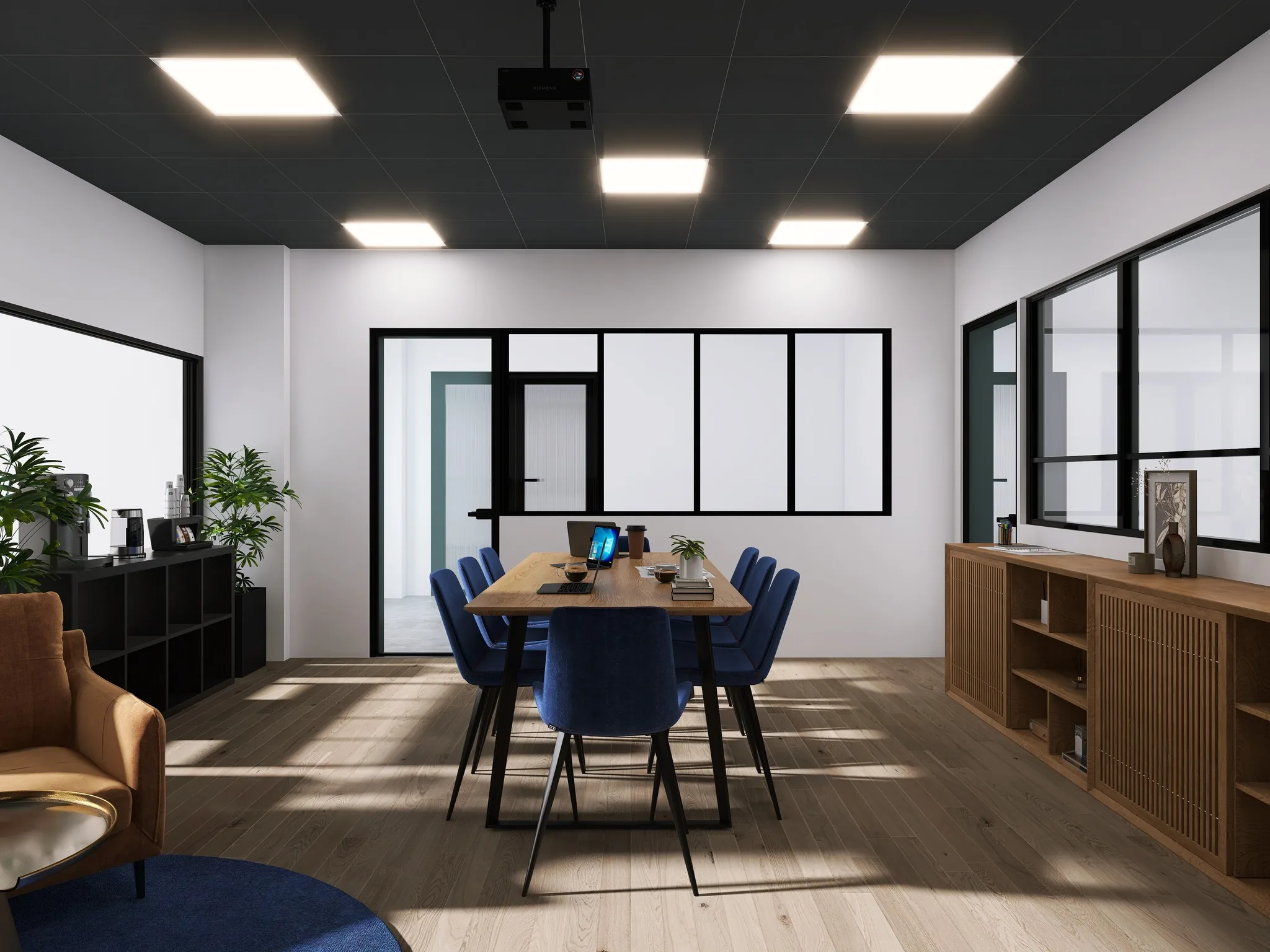 Rendu 3D d’un plateau de bureaux : table aux chaises bleu roi, verrière noire, meubles bas en bois, fauteuil cognac.