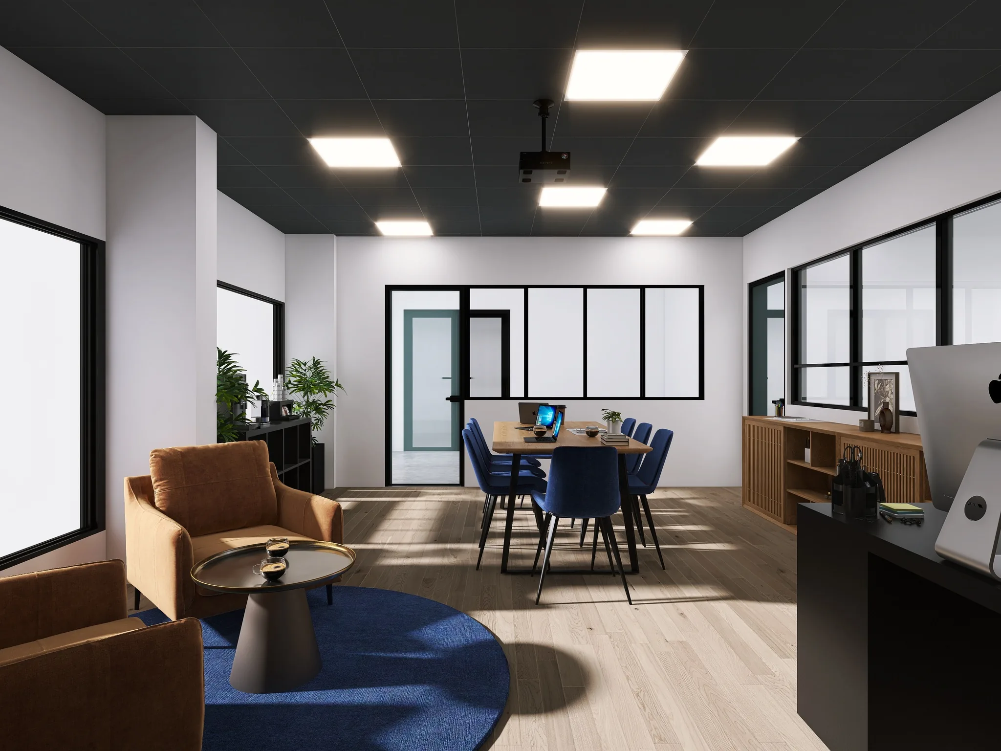 Rendu 3D d’un plateau de bureaux : fauteuil cognac et table d’appoint noire au premier plan, table de réunion, verrière.
