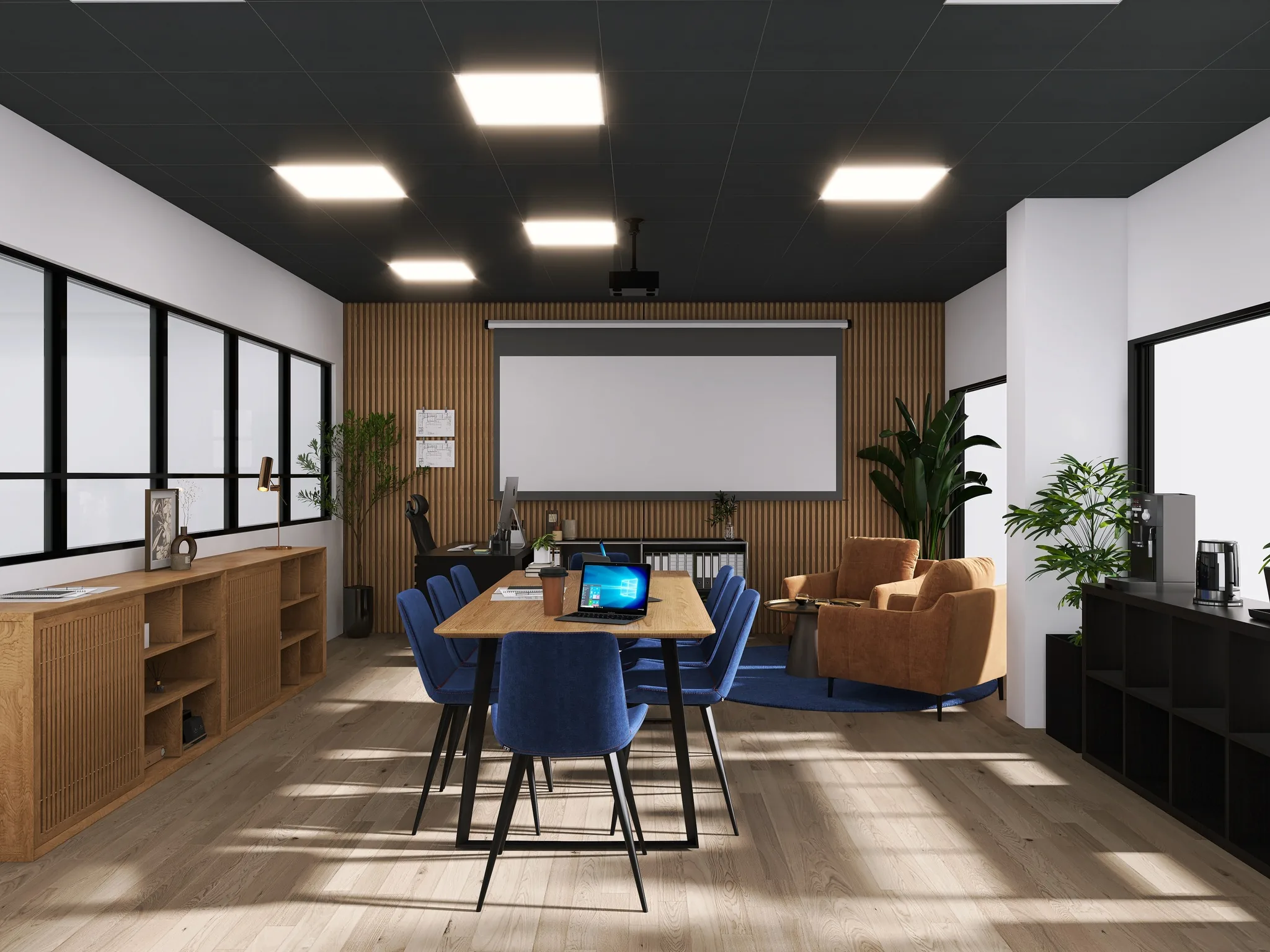 Rendu 3D d’une salle de réunion : table aux chaises bleu roi, fauteuils cognac, écran de projection, plafond noir.