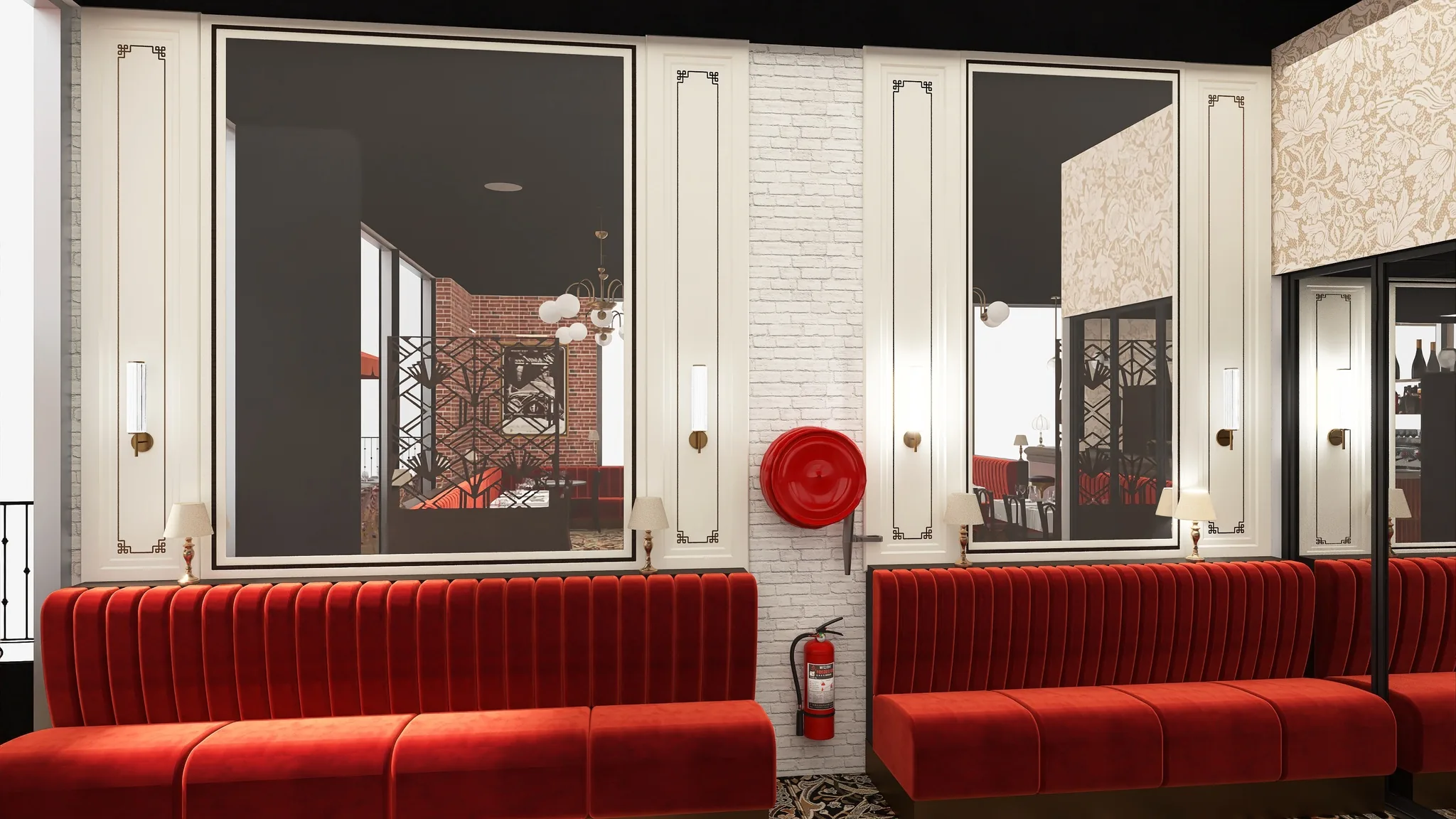 Rendu 3D d’une salle de brasserie : longues banquettes de velours rouge, boiseries blanches, miroirs, papier peint floral.
