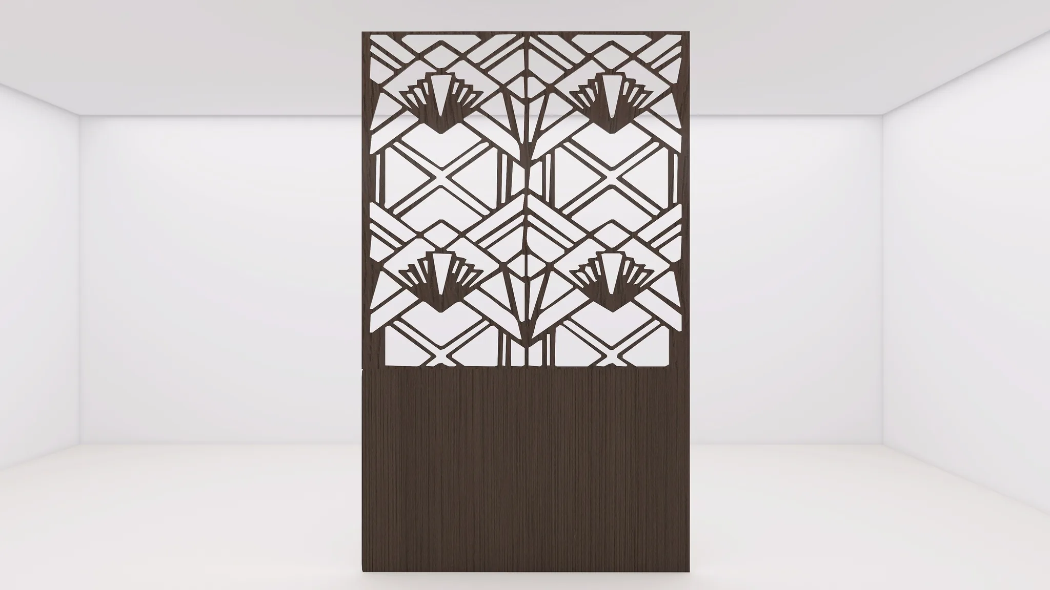 Rendu 3D d’un claustra art déco : panneau ajouré à motifs d’éventails sur un socle en bois sombre.