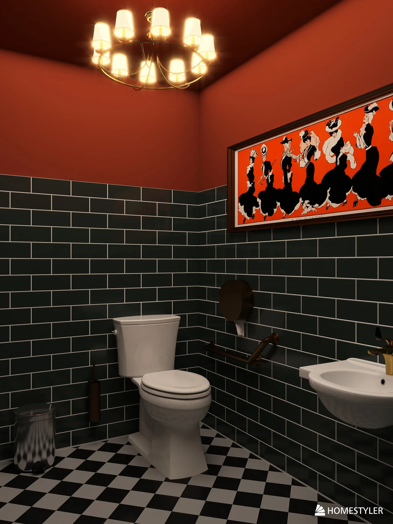 Rendu 3D de toilettes : carrelage métro vert sombre, sol en damier noir et blanc, plafond rouge, lustre doré, affiche de danseuses.