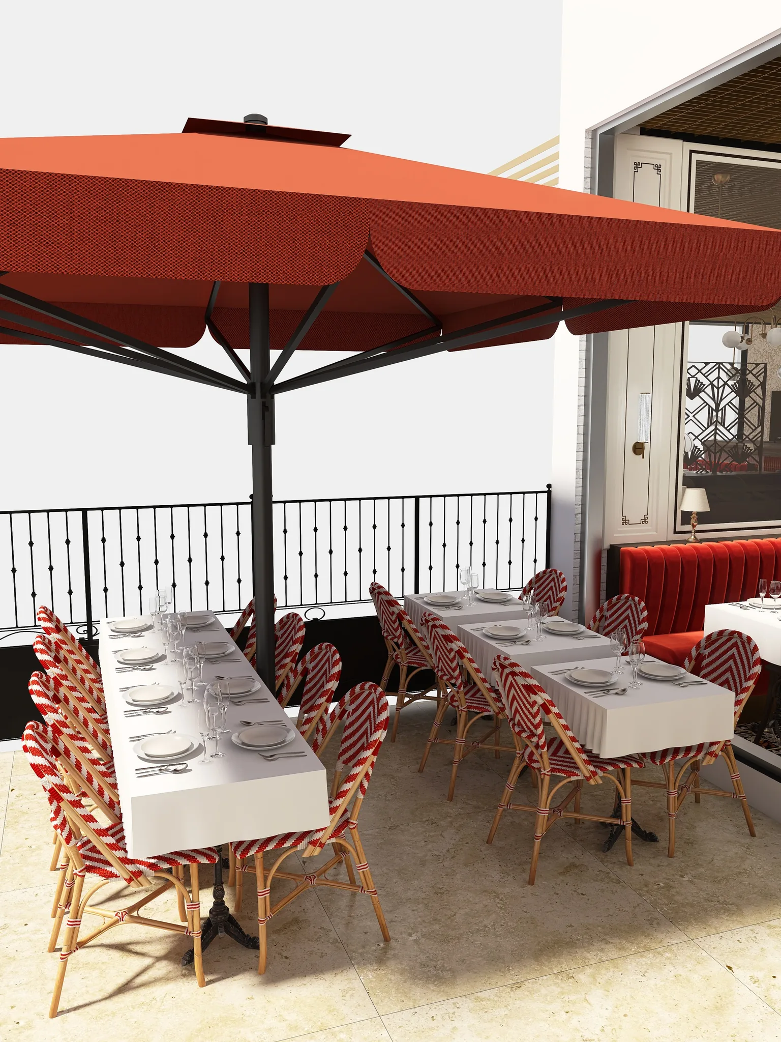 Rendu 3D d’une terrasse : parasols rouges, chaises cannées rouge et blanc, tables nappées, garde-corps en fer forgé.
