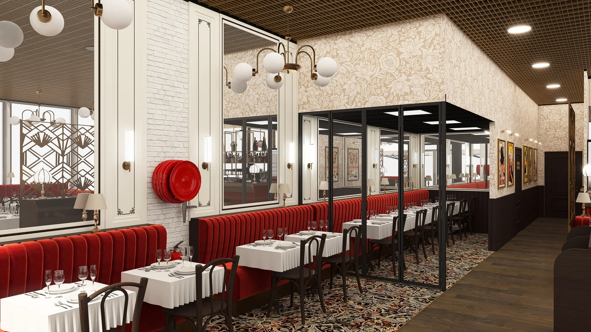 Rendu 3D d’une brasserie : banquettes rouges, verrière noire, globes lumineux, boiseries blanches.