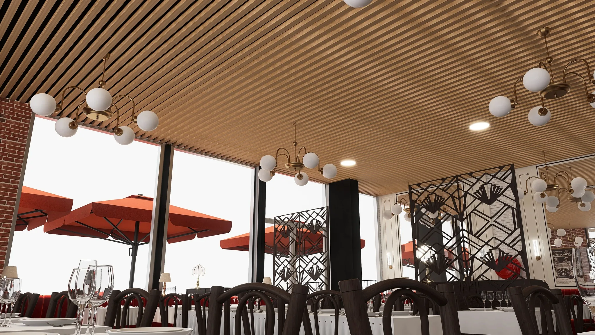 Rendu 3D d’une salle vitrée : plafond à lattes de bois, globes lumineux, claustras art déco, parasols rouges en terrasse.