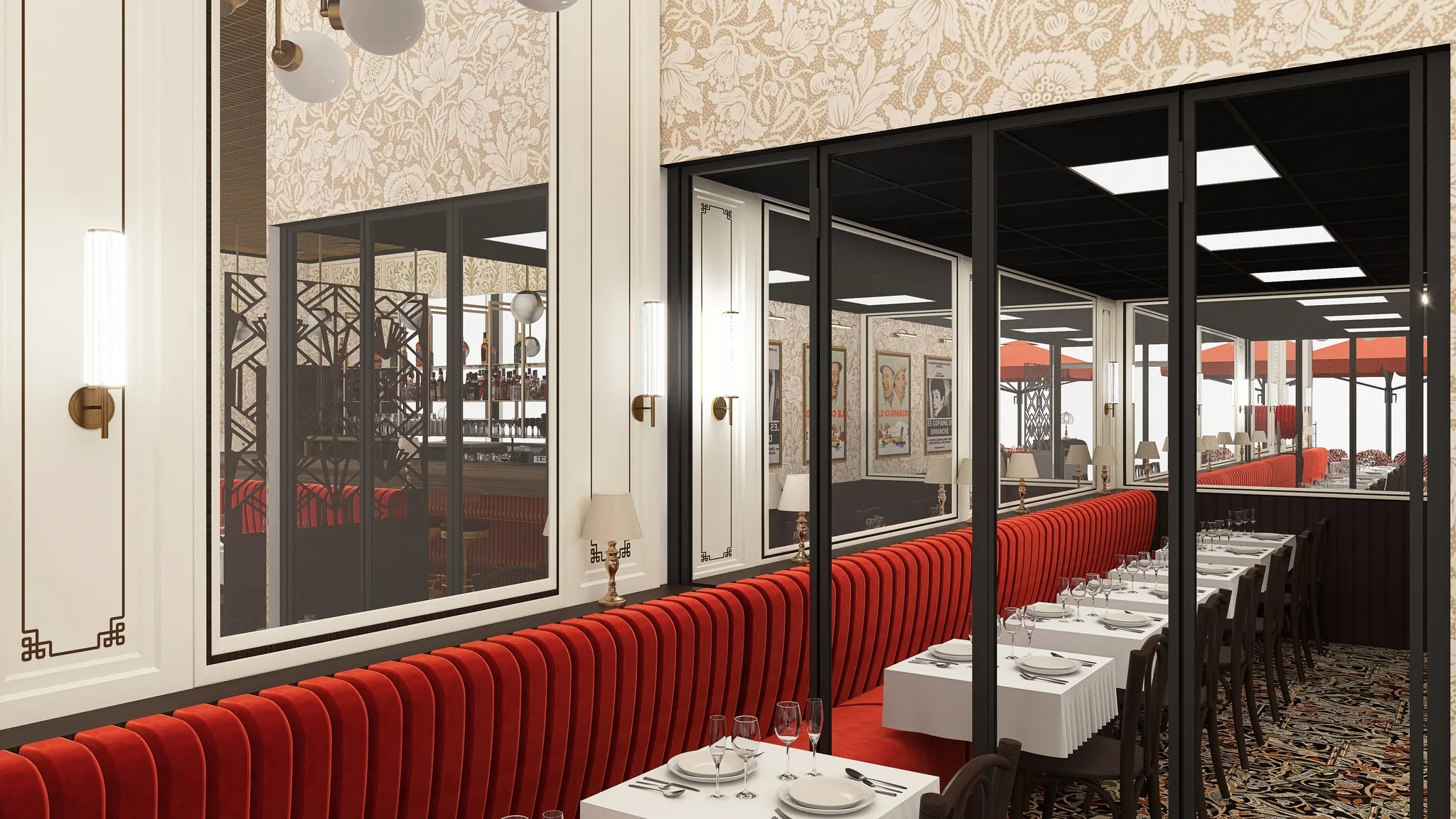 Rendu 3D d’une brasserie : longue banquette de velours rouge, verrière noire, papier peint floral, tables dressées.