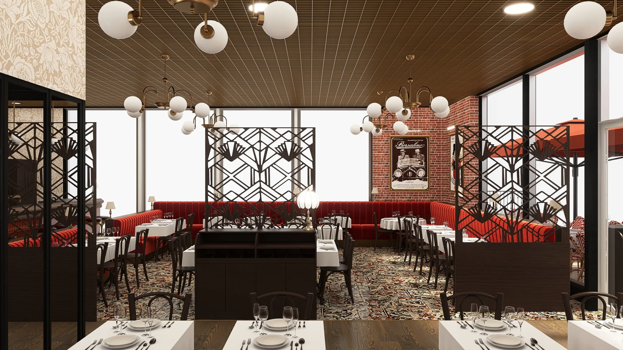 Rendu 3D d’une brasserie : claustras art déco, banquettes rouges, tables dressées, mur de briques et affiche.