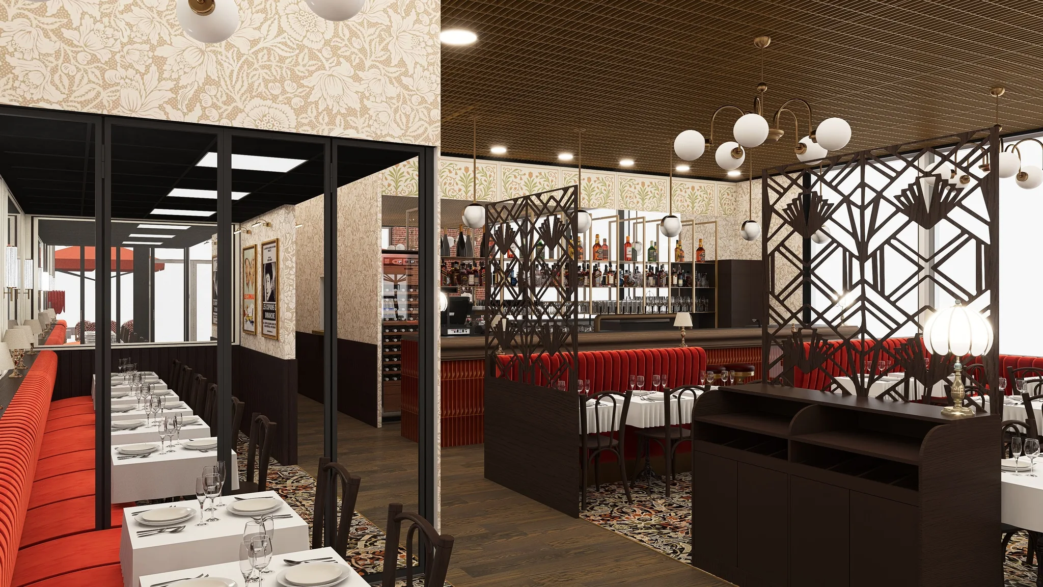 Rendu 3D d’une brasserie : banquette rouge le long d’une verrière noire, bar aux bouteilles, claustras art déco.