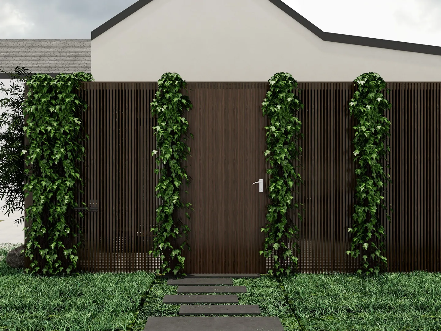 Rendu 3D d’une façade : bardage en lames de bois sombre, plantes grimpantes, pas japonais dans la pelouse.