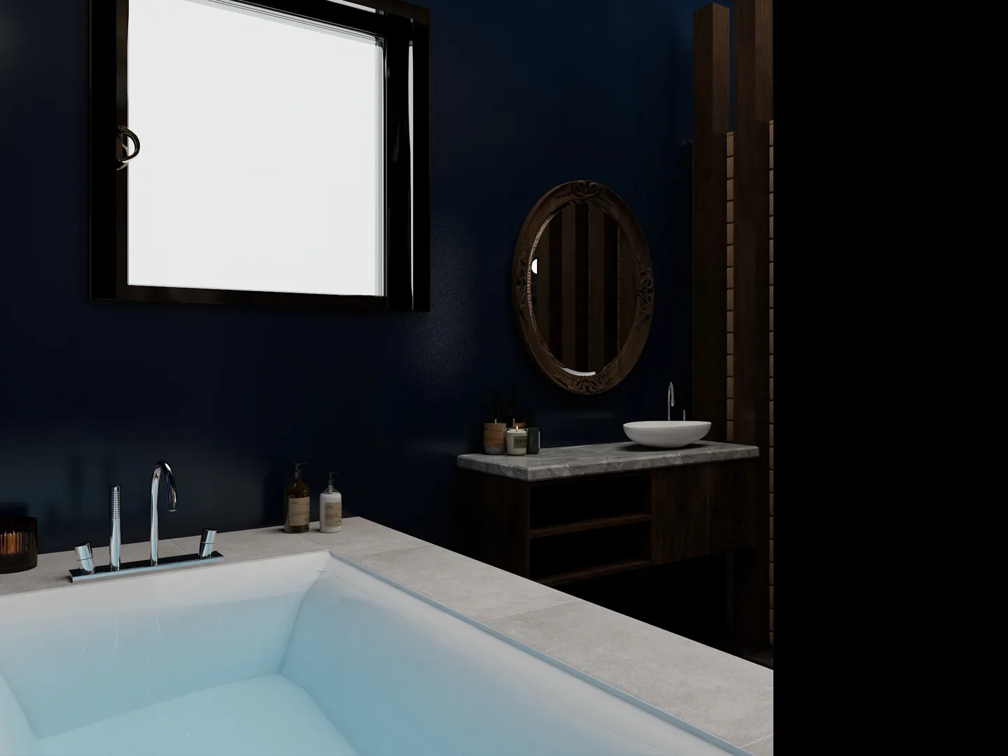 Rendu 3D d’un espace bien-être : bassin carrelé de blanc, murs bleu nuit, miroir ovale, vasque en pierre.