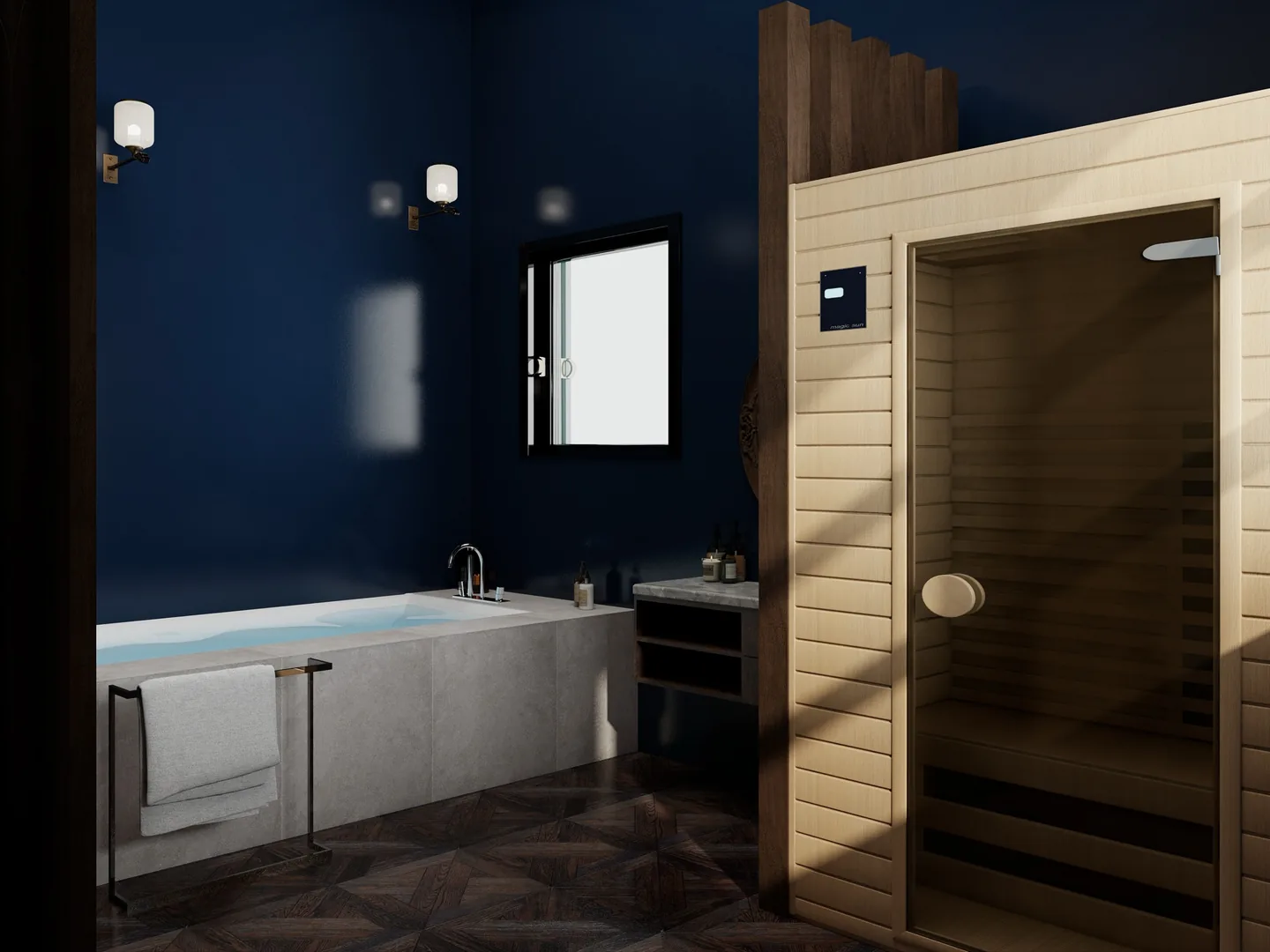 Rendu 3D d’un espace bien-être : baignoire balnéo, murs bleu nuit, sauna en bois clair.