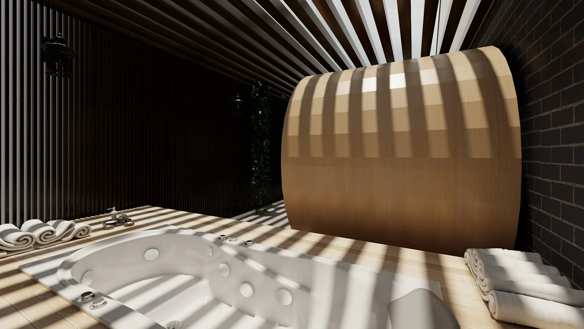 Rendu 3D d’un espace bien-être : bain à remous, sauna tonneau en bois, plafond à lames de bois, lumière zébrée.
