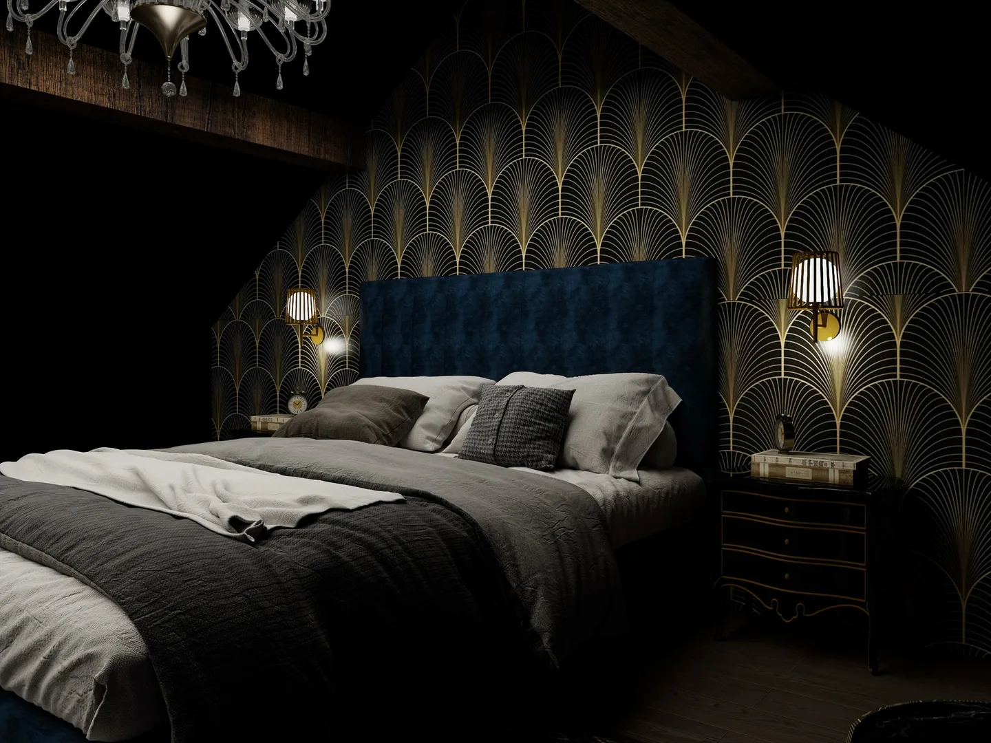 Rendu 3D d’une chambre : papier peint art déco à éventails dorés, tête de lit capitonnée bleu nuit, appliques dorées, lustre en cristal.