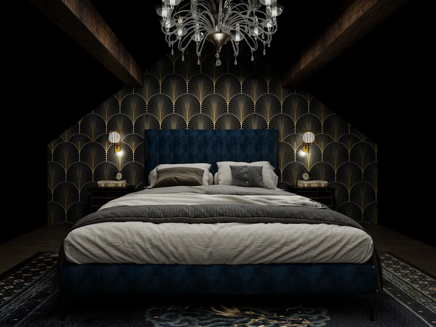Rendu 3D d’une chambre : tête de lit capitonnée bleu nuit, papier peint à éventails dorés, lustre en cristal, tapis sombre.