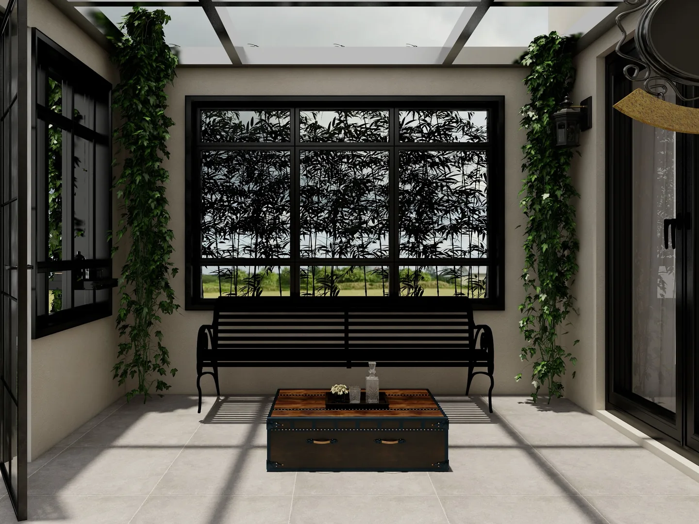 Rendu 3D d’une véranda : verrière noire, plantes grimpantes, banc en fer forgé, malle en bois, sol clair.