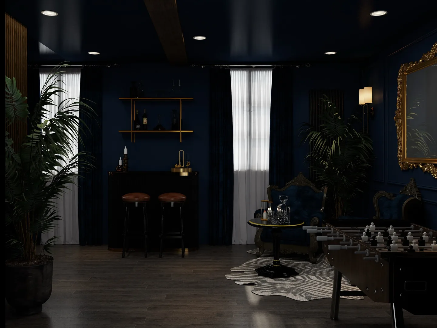 Rendu 3D d’un salon bar : murs bleu nuit, étagères dorées, tabourets, grand miroir doré, plantes.