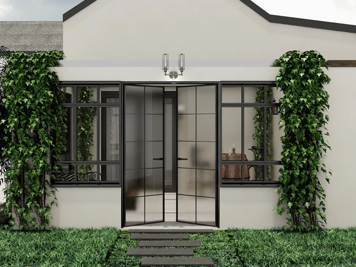 Rendu 3D d’une façade : porte vitrée à cadre noir, plantes grimpantes, appliques, pas japonais dans la pelouse.