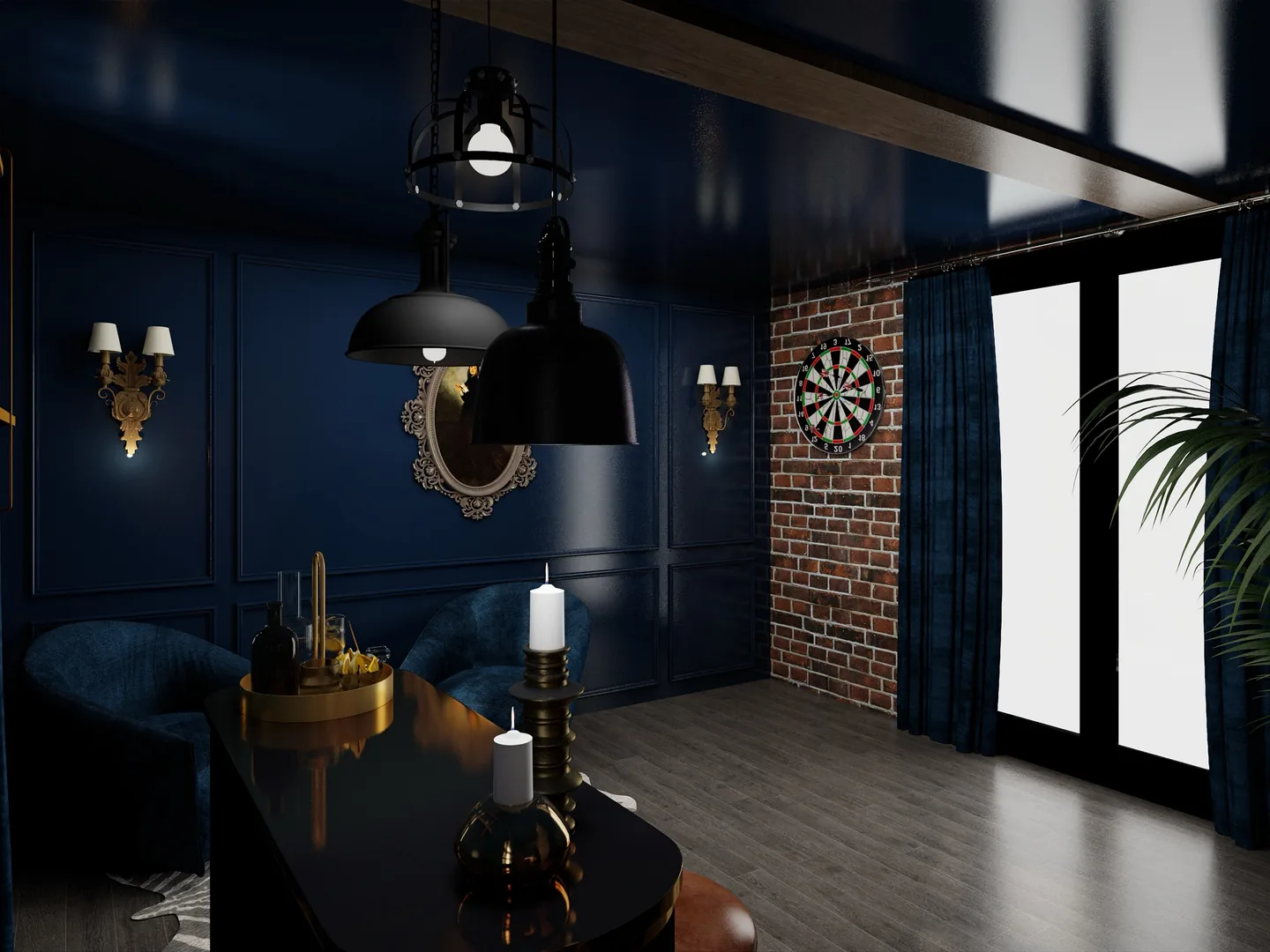 Rendu 3D d’un salon : murs bleu nuit, mur de briques et cible de fléchettes, suspensions noires, bougies.