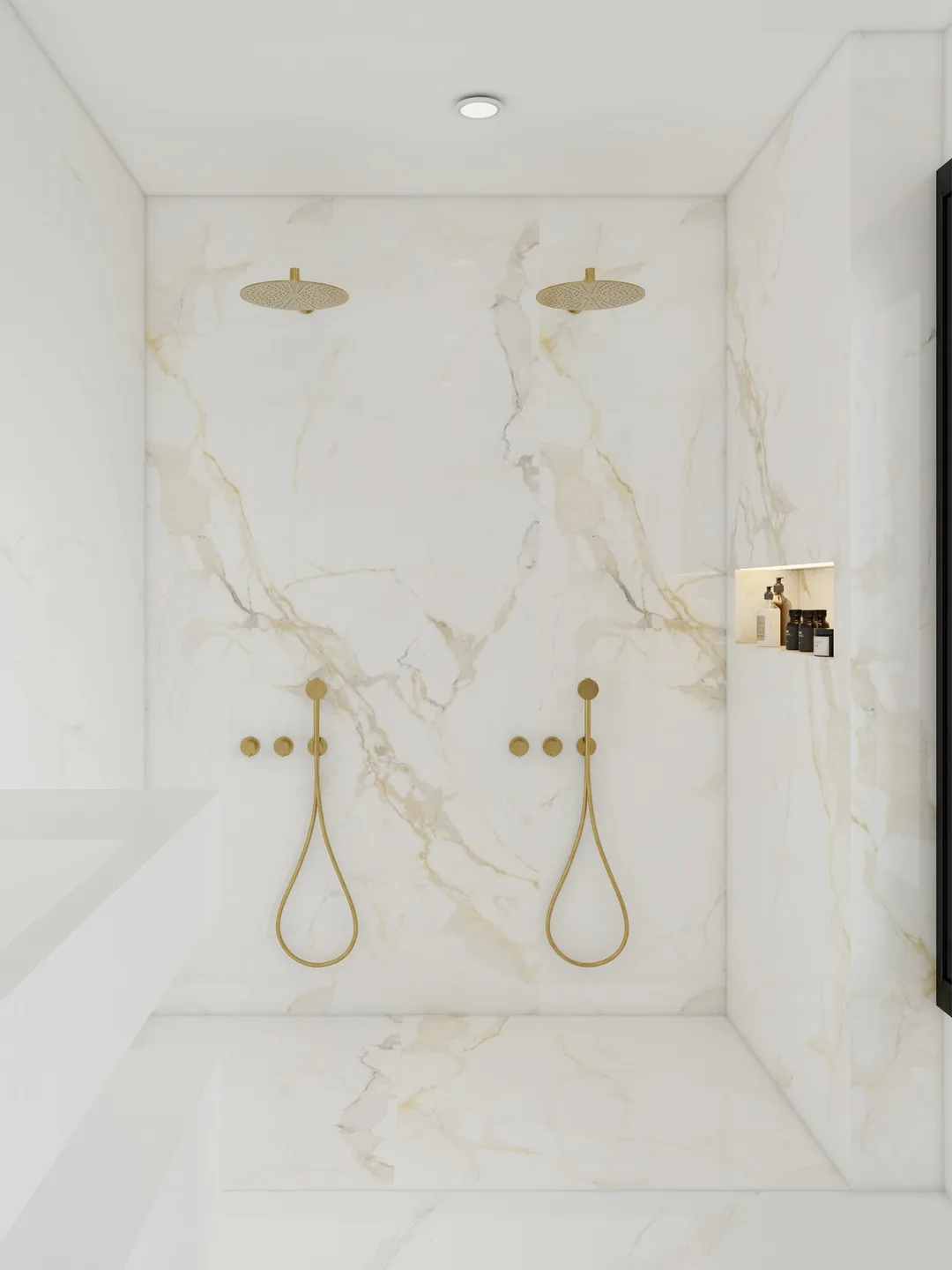 Rendu 3D d’une douche double : marbre blanc veiné d’or, robinetterie dorée, niche éclairée.