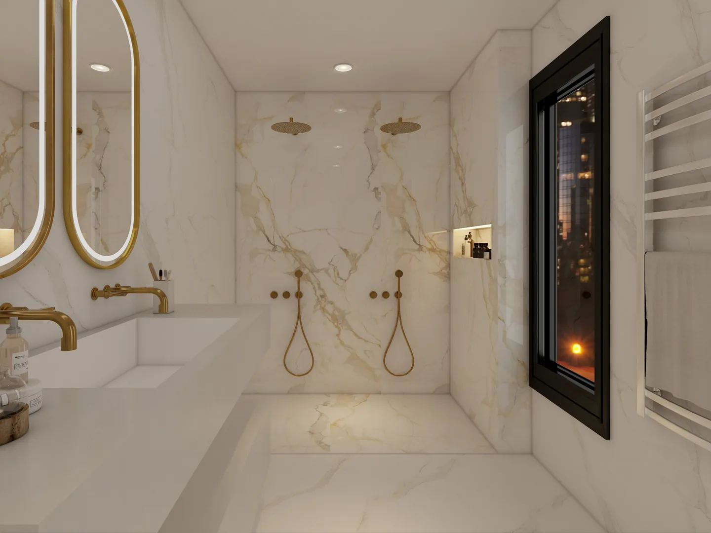 Rendu 3D d’une salle de bains en marbre : miroirs ovales à cadre doré, vasque en pierre, douche double, fenêtre.