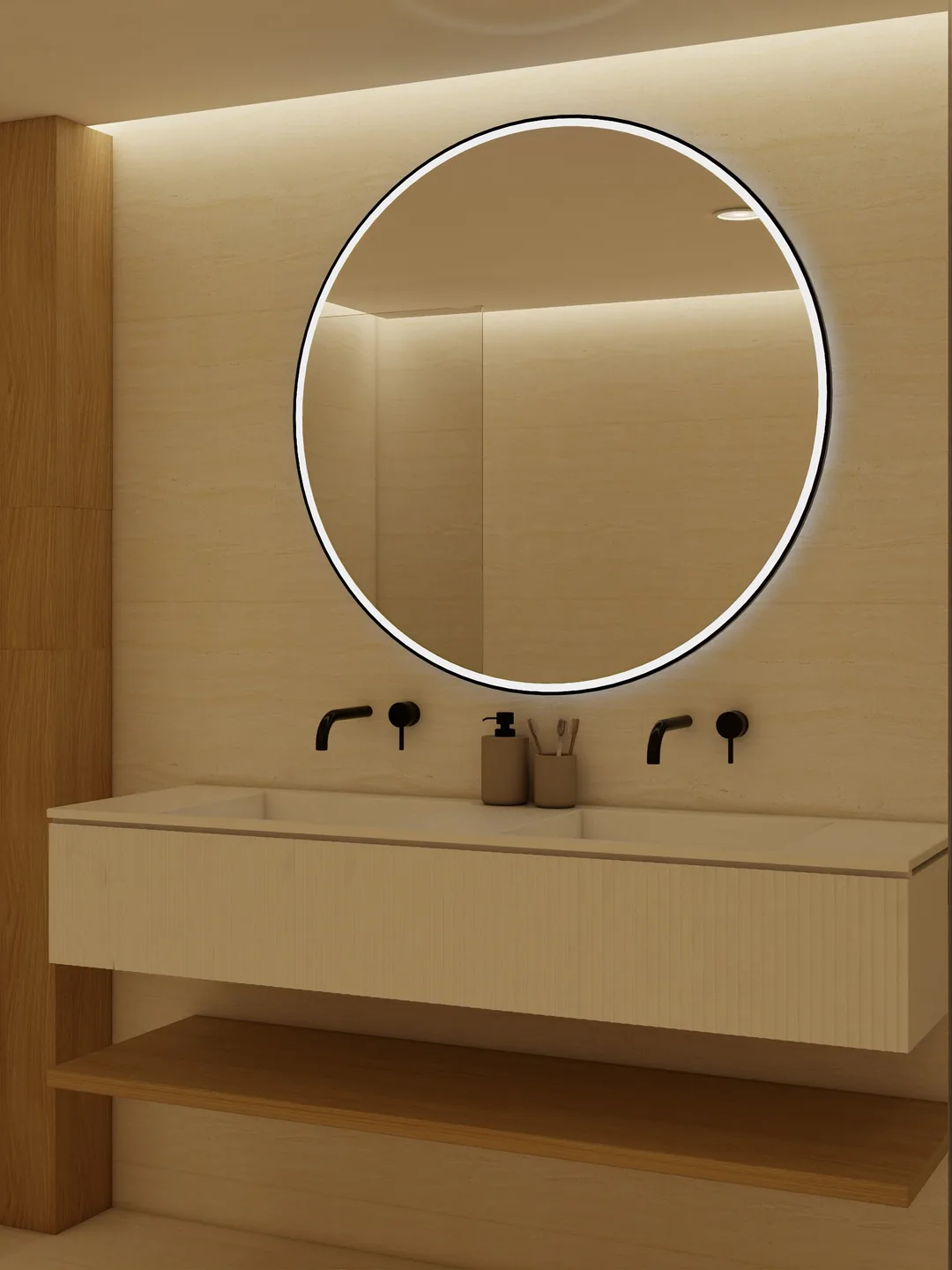 Rendu 3D d’une salle de bains : miroir rond rétroéclairé, plan vasque suspendu en bois clair, robinetterie noire, lumière chaude.