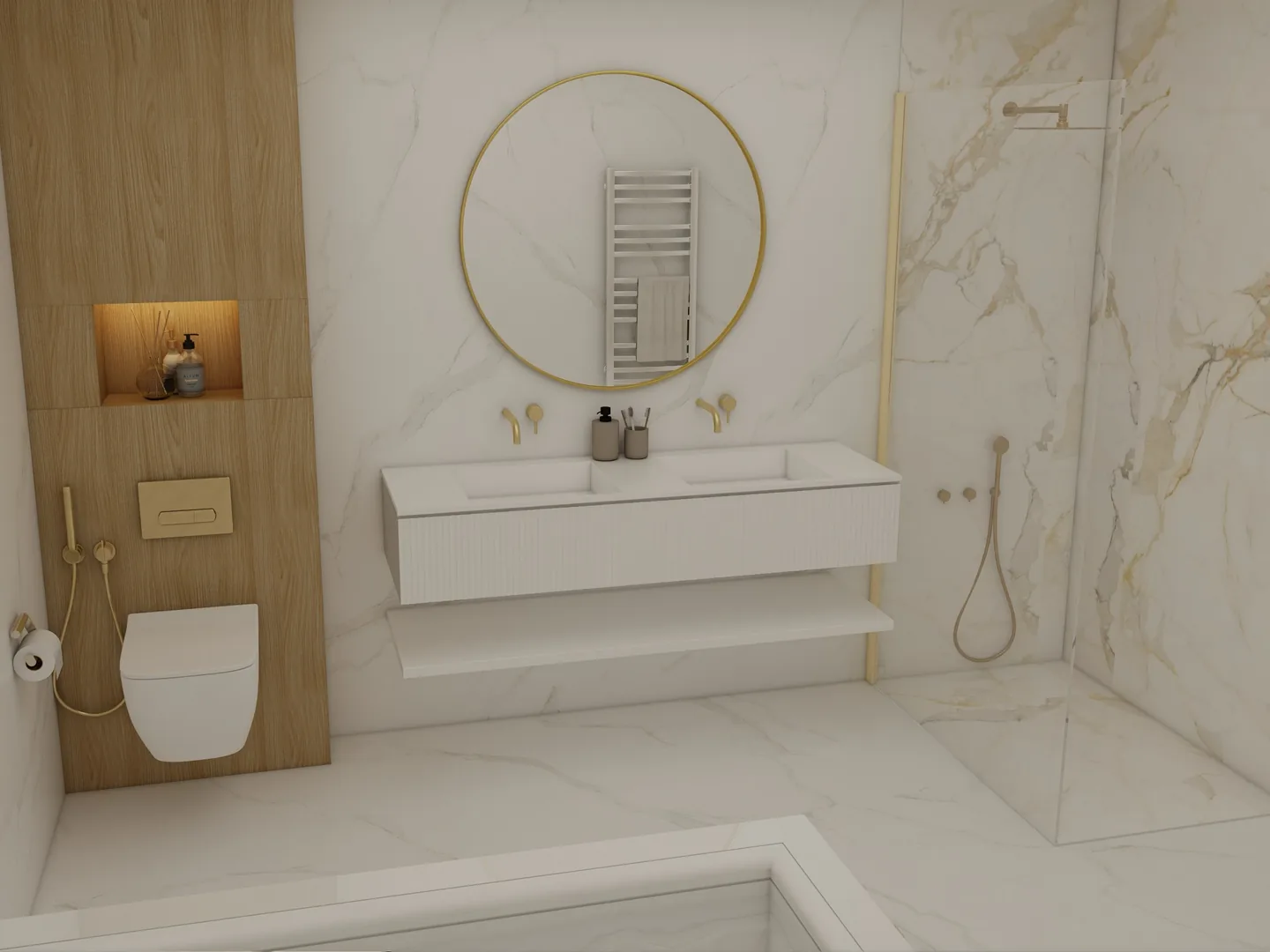 Rendu 3D d’une salle de bains en marbre calacatta : miroir rond doré, plan vasque blanc suspendu, niche éclairée dans un panneau de bois, WC suspendu.