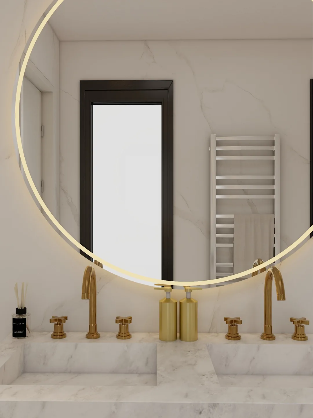Rendu 3D d’une salle de bains : grand miroir rond éclairé, robinetterie dorée, marbre blanc, sèche-serviettes, fenêtre.