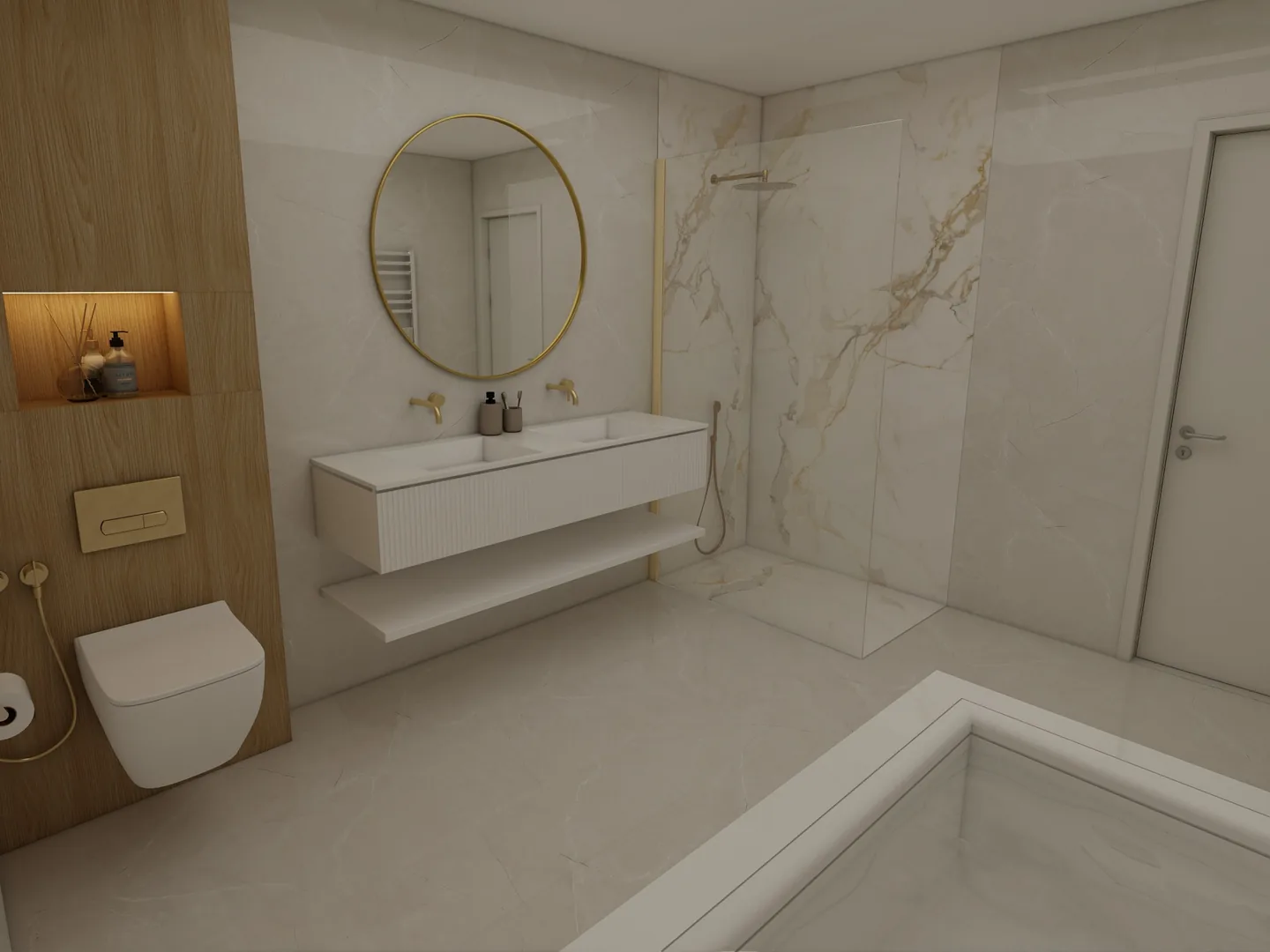 Rendu 3D d’une salle de bains en marbre calacatta : miroir rond doré, plan vasque suspendu, douche à l’italienne, baignoire au premier plan.