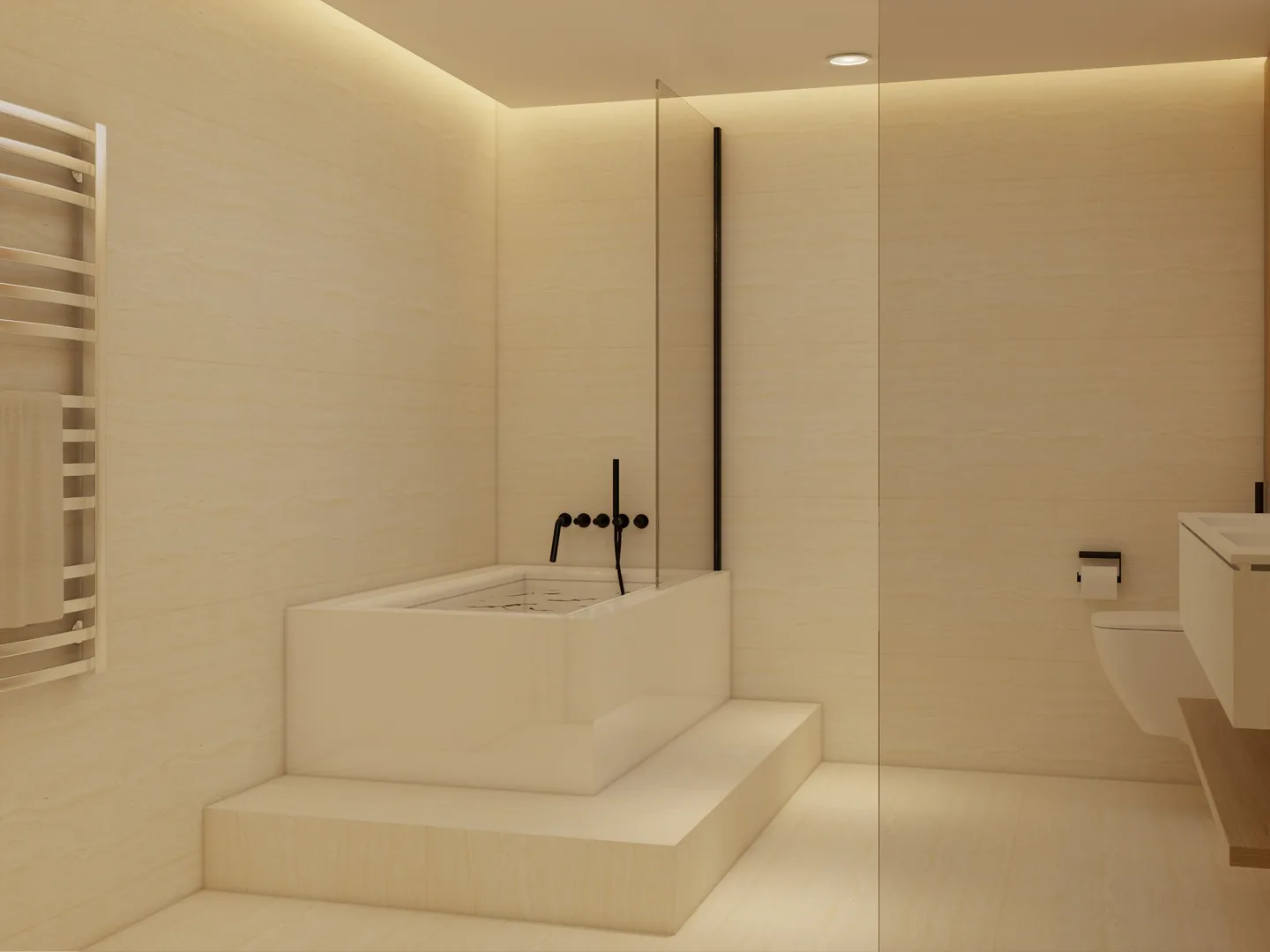 Rendu 3D d’une salle de bains beige : baignoire sur un socle, robinetterie noire, paroi vitrée, lumière chaude au plafond.