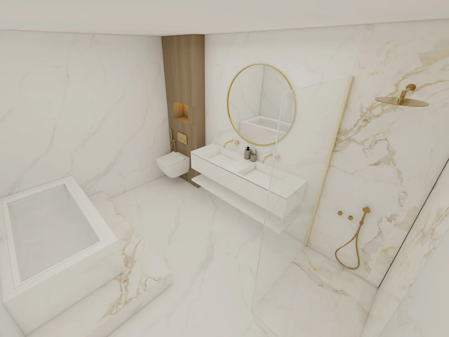 Rendu 3D d’une salle de bains en marbre vue d’en haut : baignoire encastrée, plan vasque suspendu, miroir rond doré.