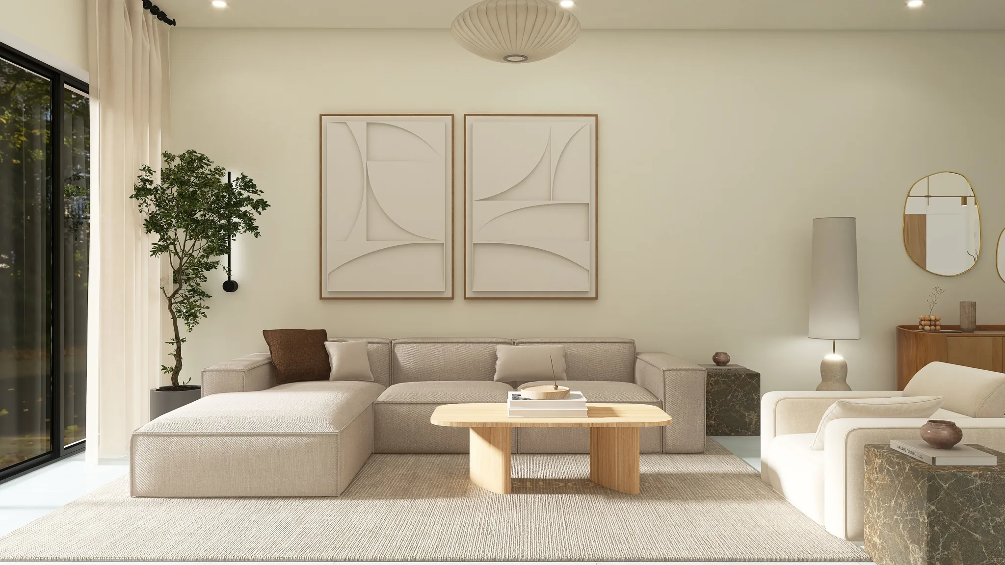 Rendu 3D d’un salon : canapé d’angle beige, table basse en bois clair, deux tableaux en relief, baie vitrée.