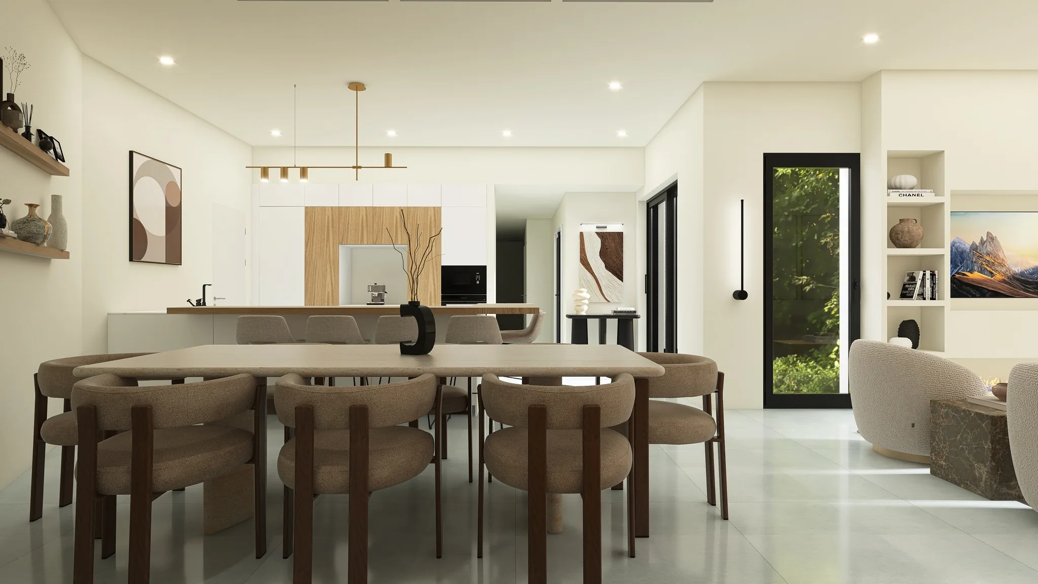 Rendu 3D d’une pièce à vivre : grande table et chaises brunes, cuisine claire au fond, suspension dorée.