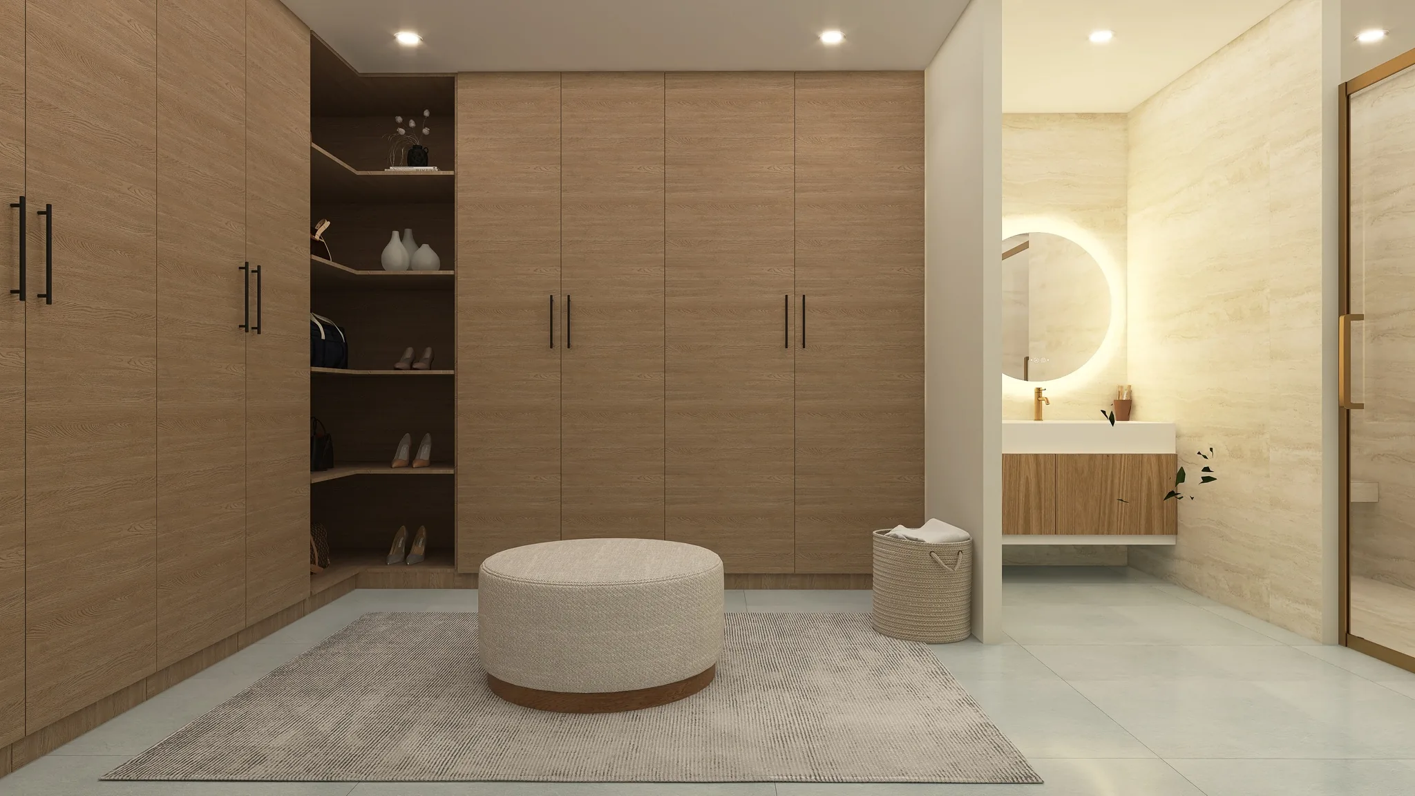 Rendu 3D d’un dressing : grandes armoires en bois, pouf rond, salle d’eau en travertin visible à droite.