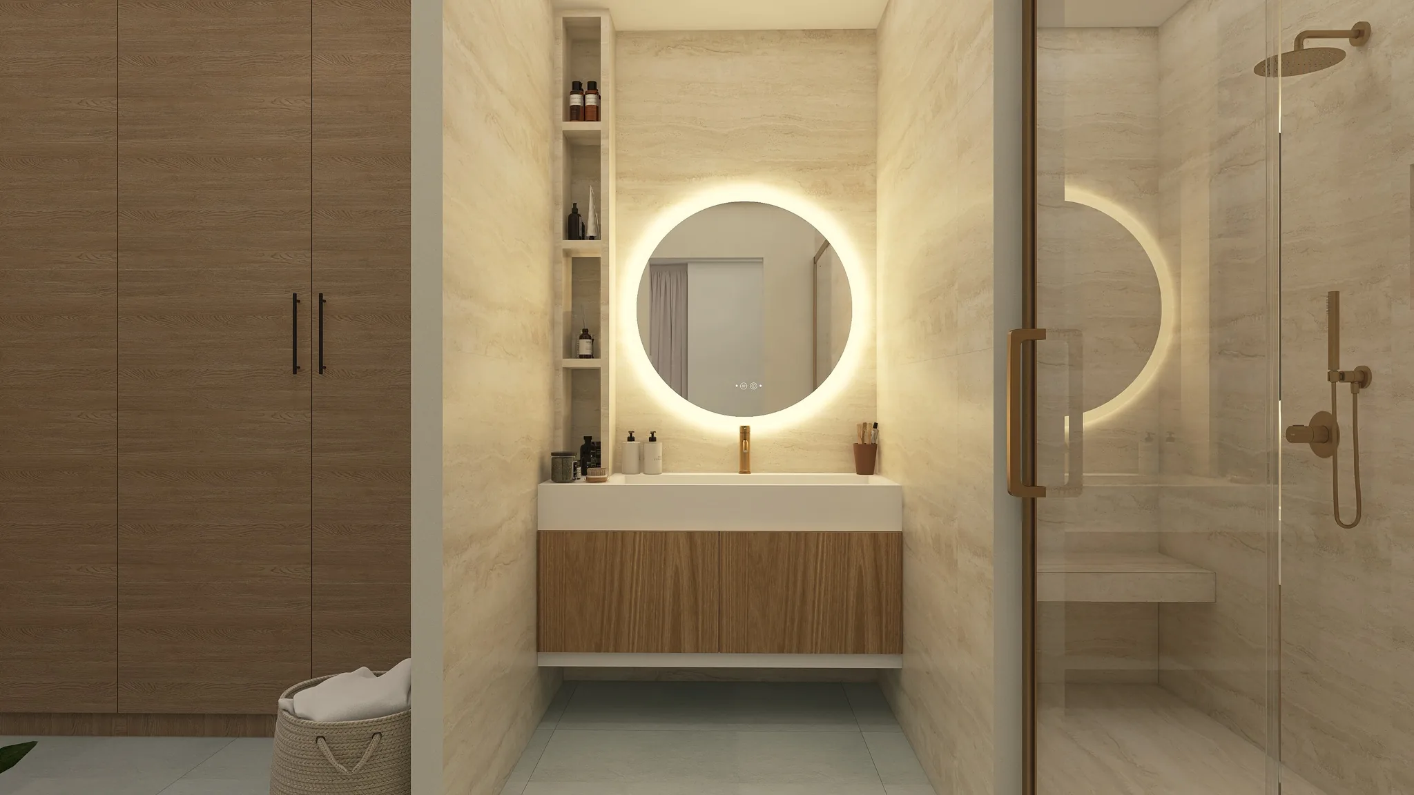 Rendu 3D d’une salle d’eau : murs en travertin, miroir rond éclairé, meuble vasque en bois, douche vitrée à profil doré.