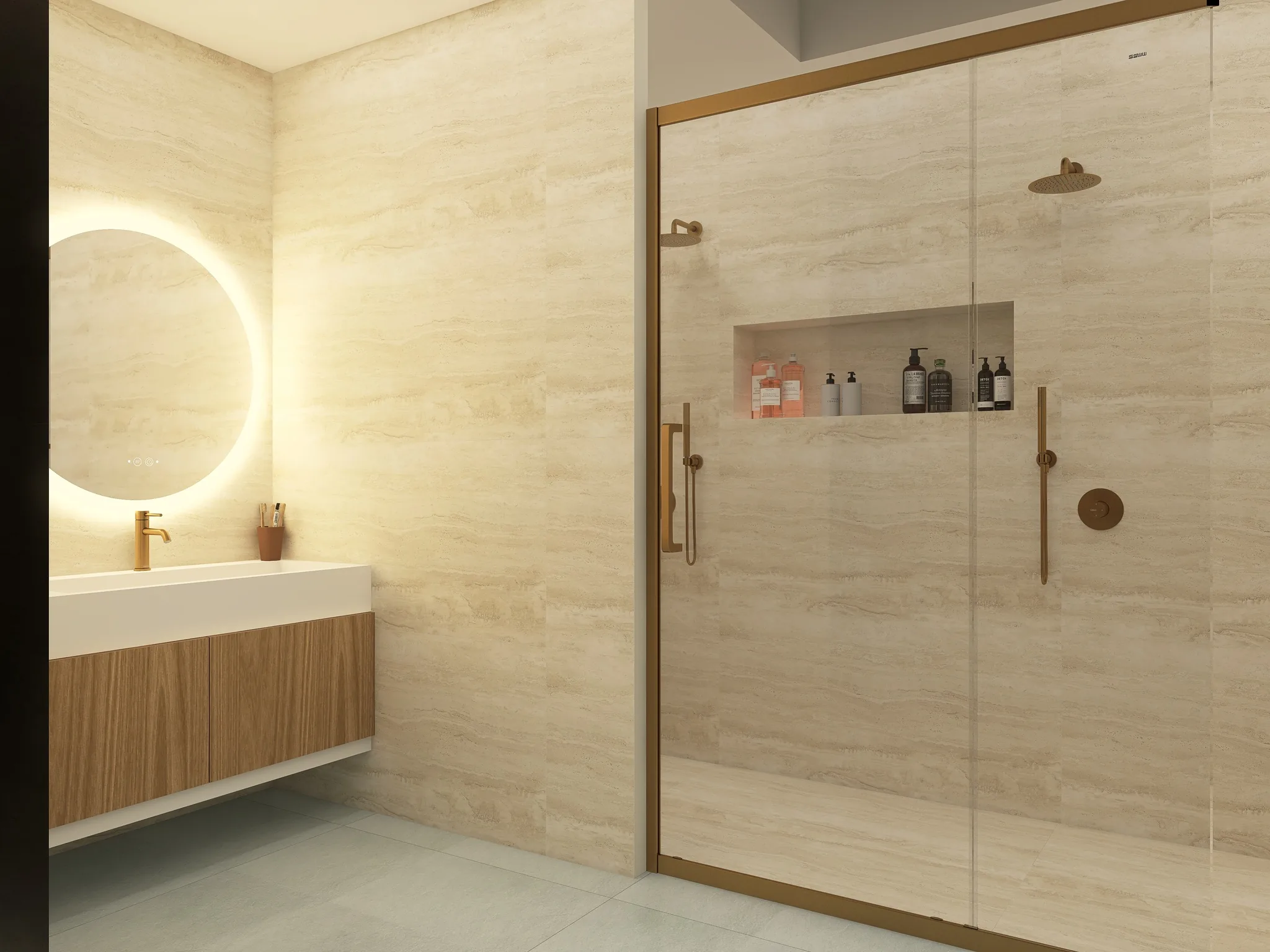 Rendu 3D d’une douche en travertin : paroi vitrée dorée, niche éclairée, miroir rond lumineux.