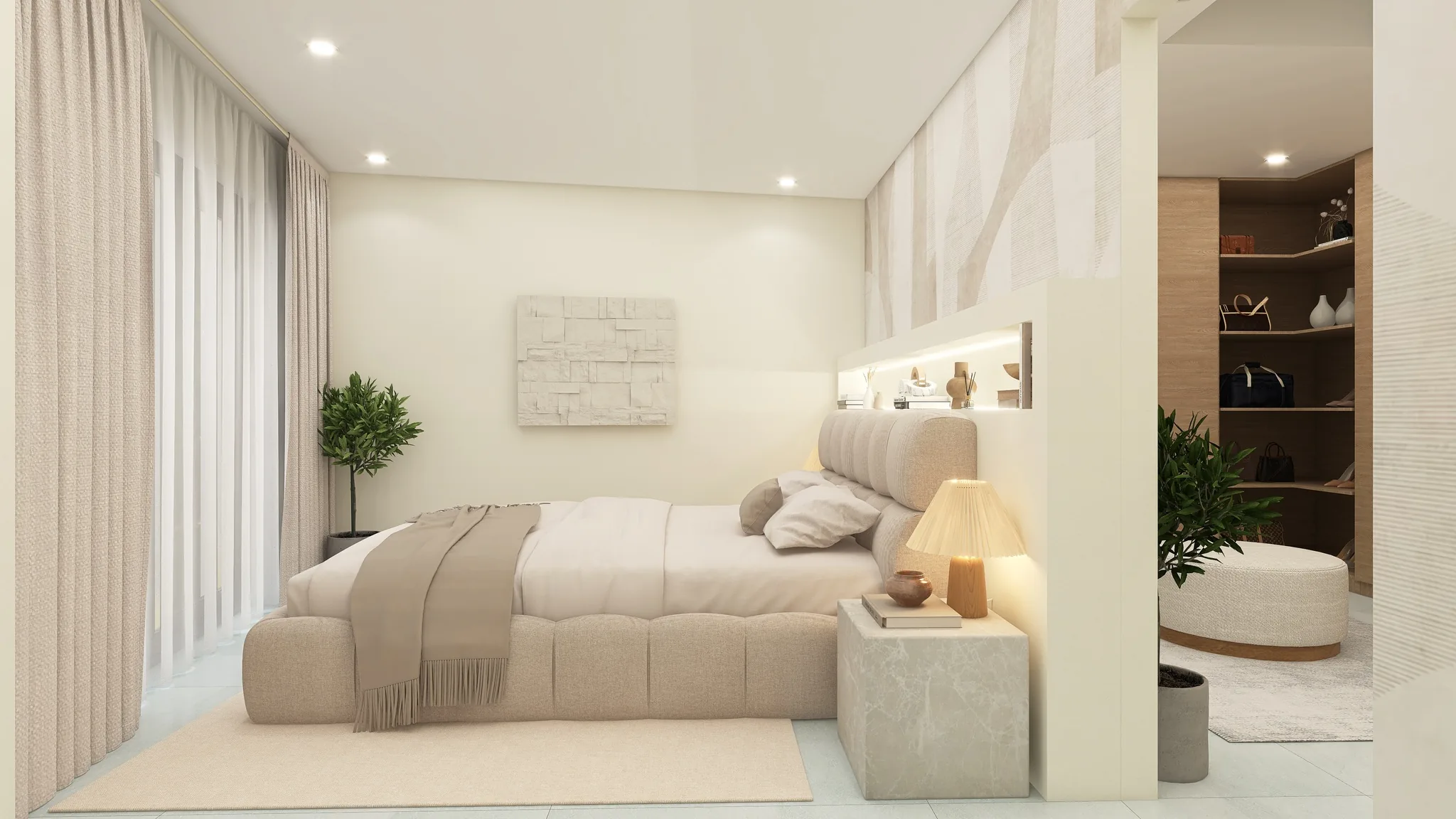 Rendu 3D d’une chambre : lit capitonné beige, tête de lit en relief, lampe en céramique, dressing ouvert.
