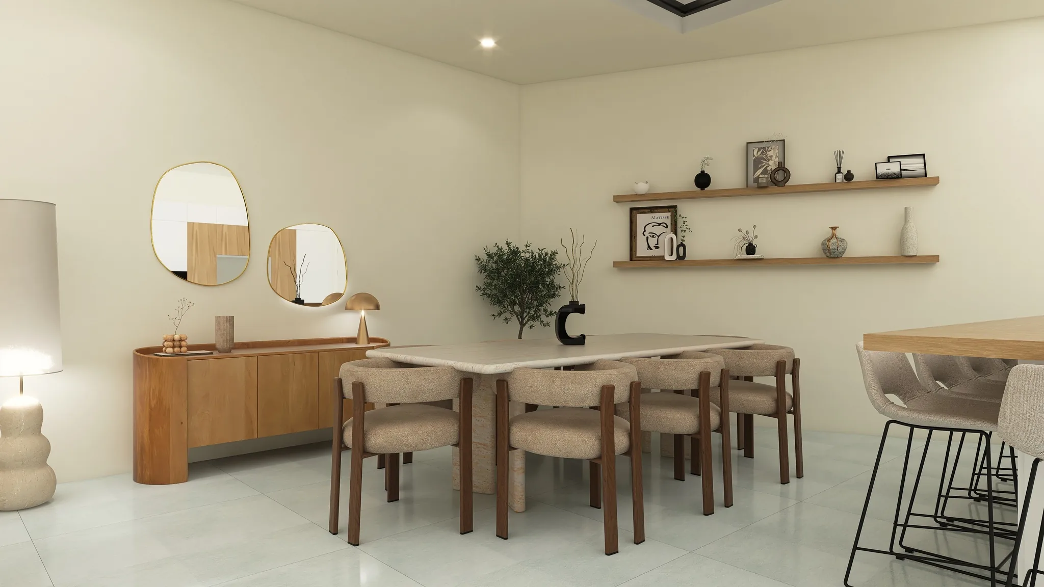 Rendu 3D d’une salle à manger : table et chaises brunes, enfilade en bois, miroirs aux formes libres, étagères.