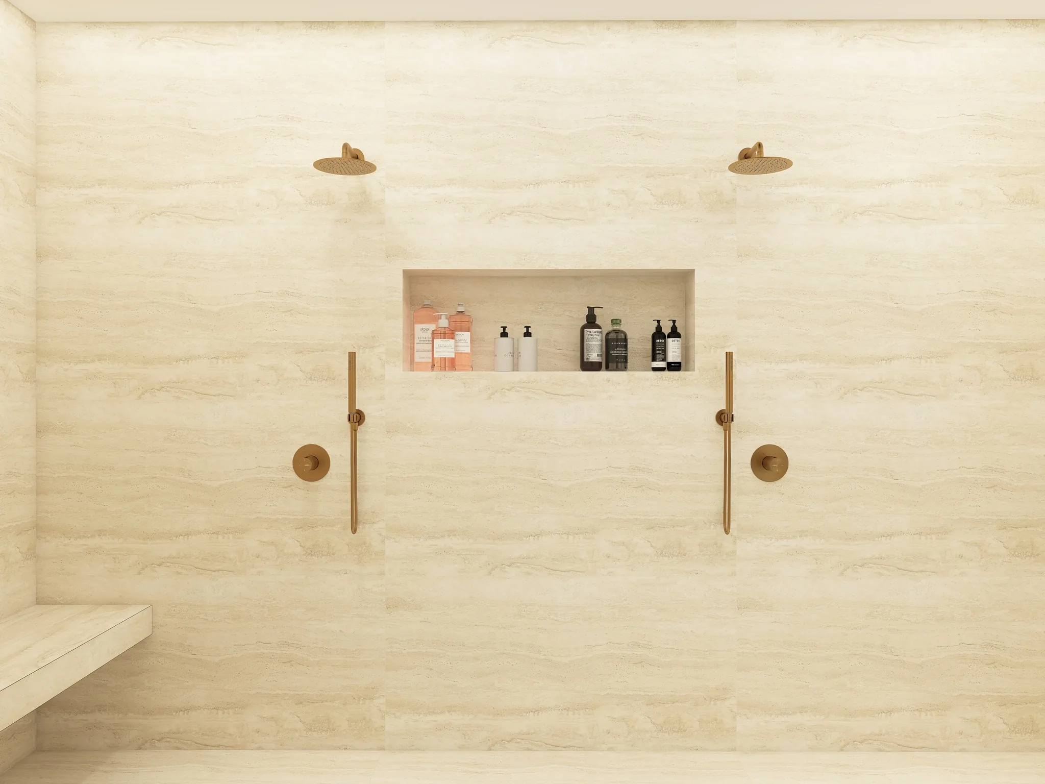 Rendu 3D d’une douche double en travertin : deux pommeaux en laiton, niche éclairée, banc.