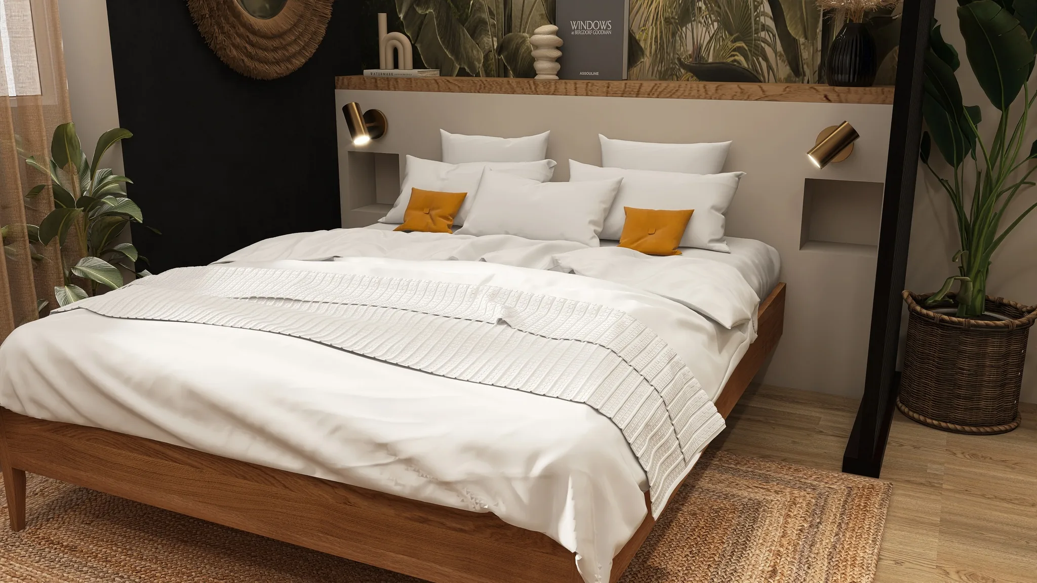 Rendu 3D d’une chambre : lit en bois au linge blanc, coussins moutarde, liseuses dorées, papier peint tropical.