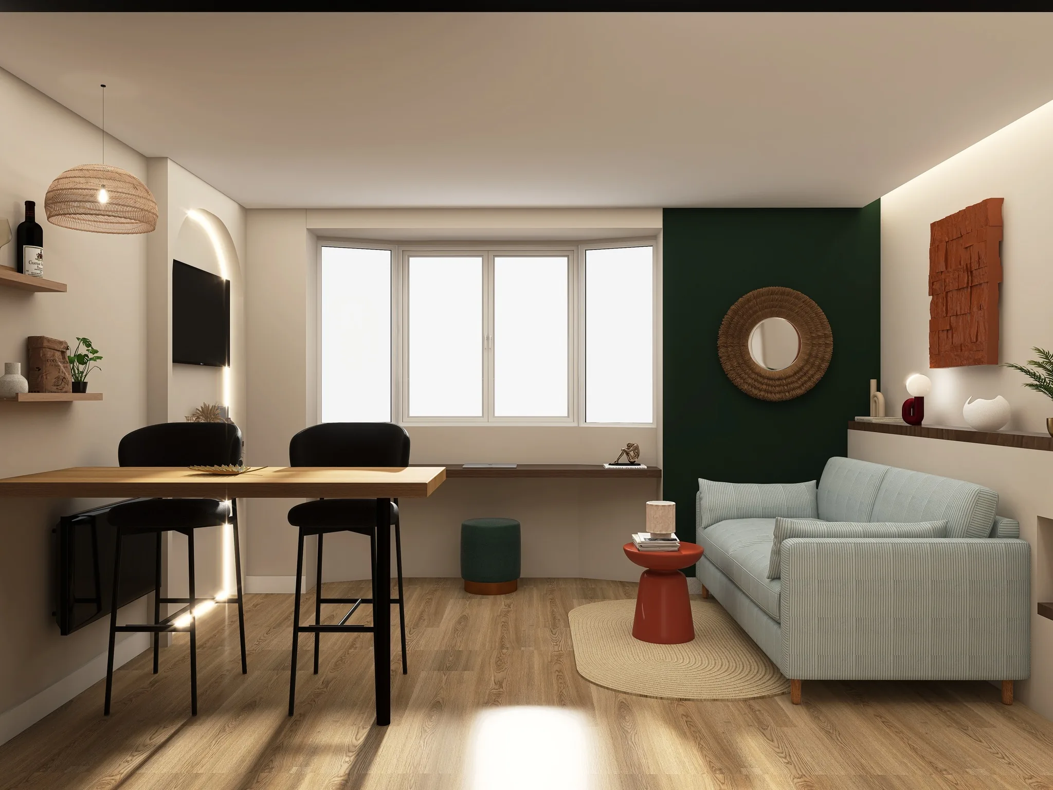 Rendu 3D d’un séjour : canapé bleu clair, bar et tabourets noirs, mur vert sapin, miroir en rotin.