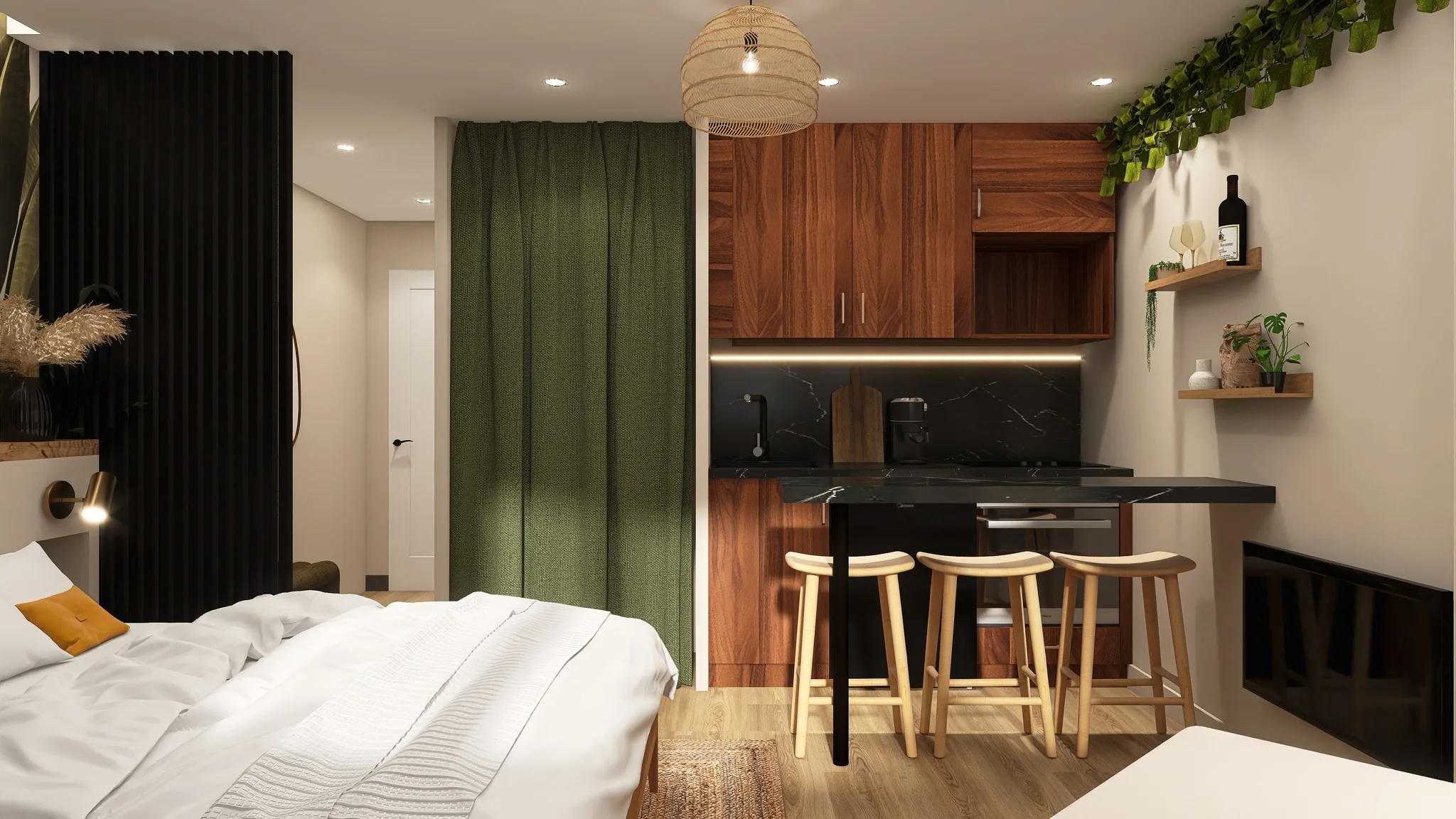 Rendu 3D d’un studio : rideau vert, cuisine en bois et bar aux tabourets clairs, plantes retombantes.