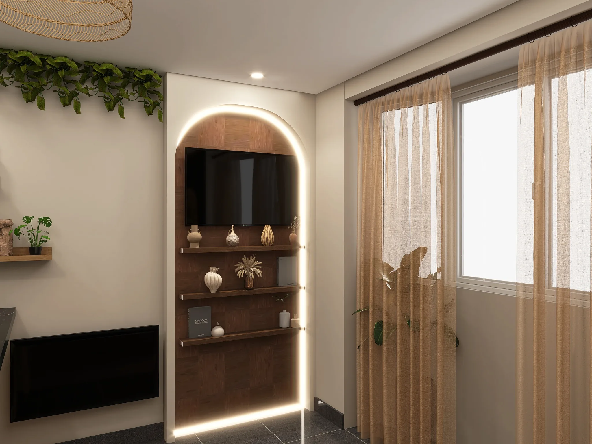 Rendu 3D d’une niche en arche éclairée : étagères en bois et objets, télévision, voilages ocre.