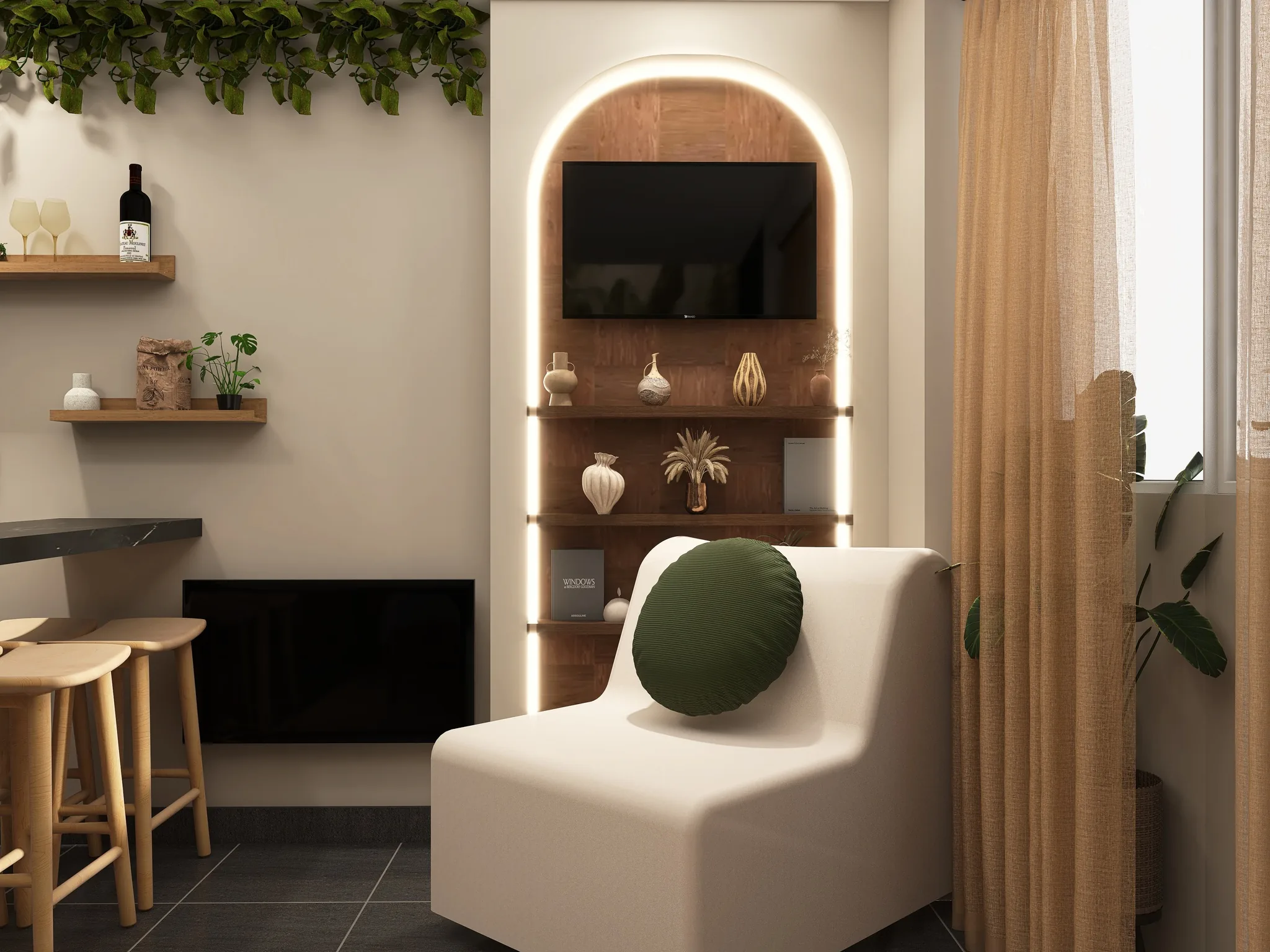 Rendu 3D d’un coin salon : fauteuil blanc et coussin vert, niche en arche éclairée, tabourets en bois.
