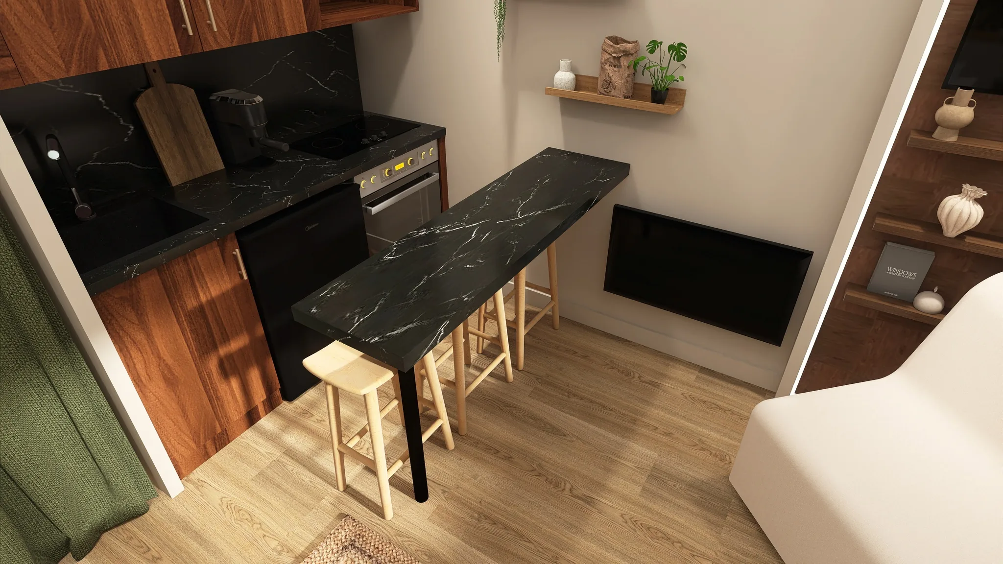 Rendu 3D d’une cuisine : plan de travail en marbre noir, bar et tabourets en bois, rideau vert.