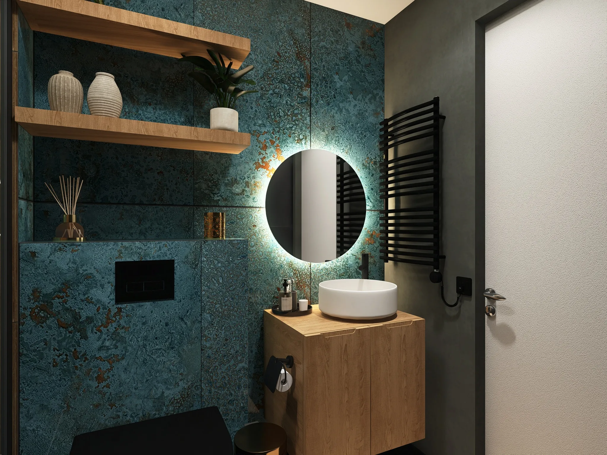 Rendu 3D d’une salle d’eau : mur effet métal vert-de-gris, miroir rond éclairé, vasque posée sur un meuble en bois.
