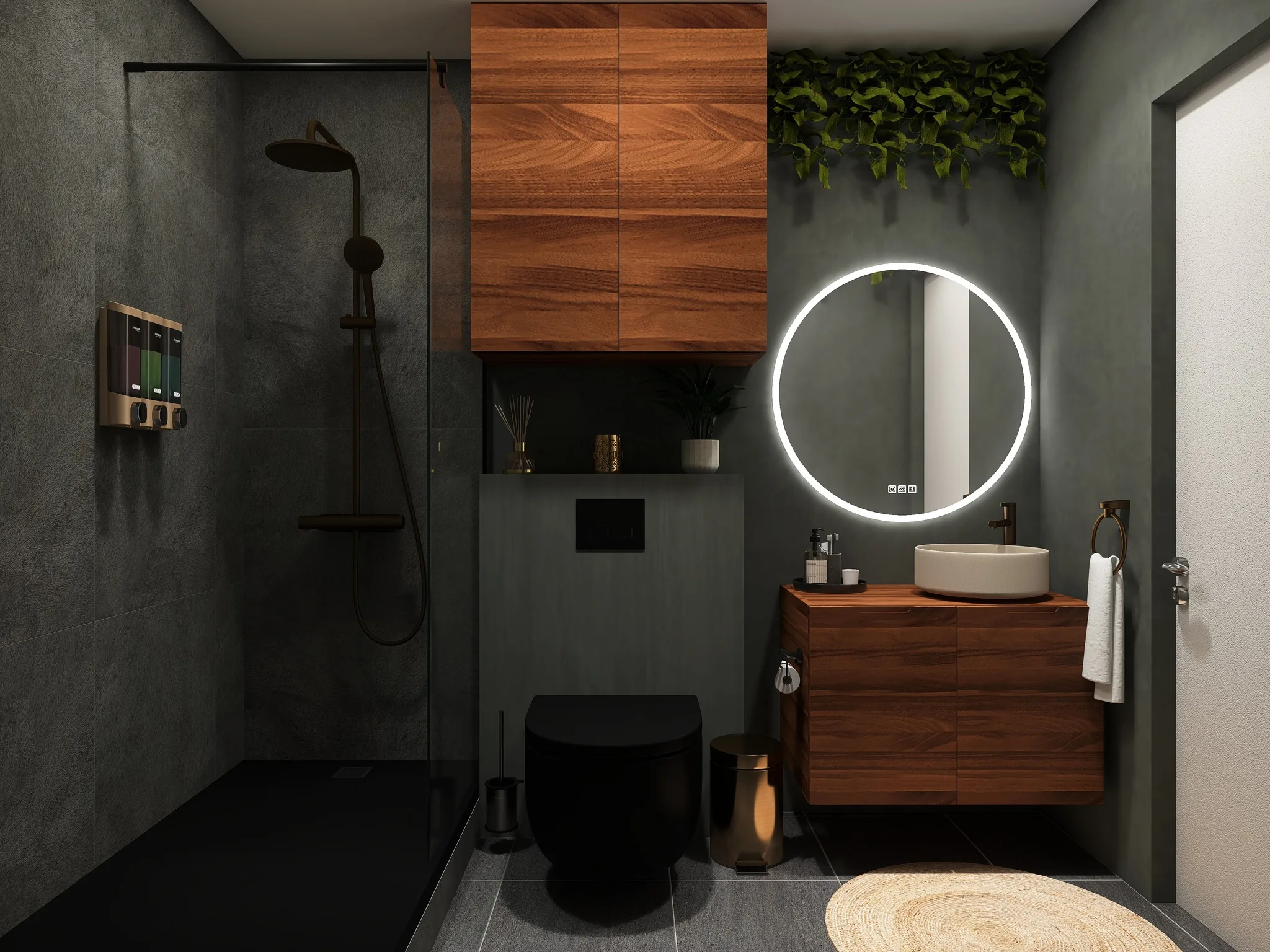 Rendu 3D d’une salle d’eau : douche aux murs gris sombre, miroir rond lumineux, meuble vasque en noyer, plantes retombantes.