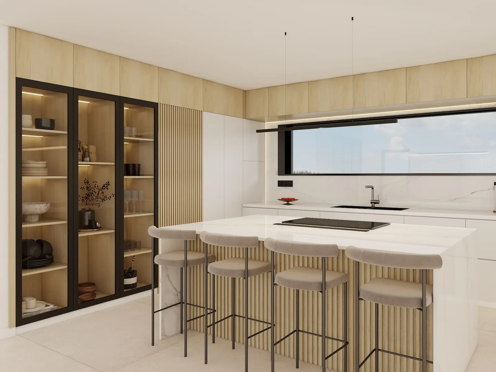 Rendu 3D d’une cuisine : îlot en marbre blanc veiné, quatre tabourets beiges, vitrine à cadre noir, fenêtre en bandeau.