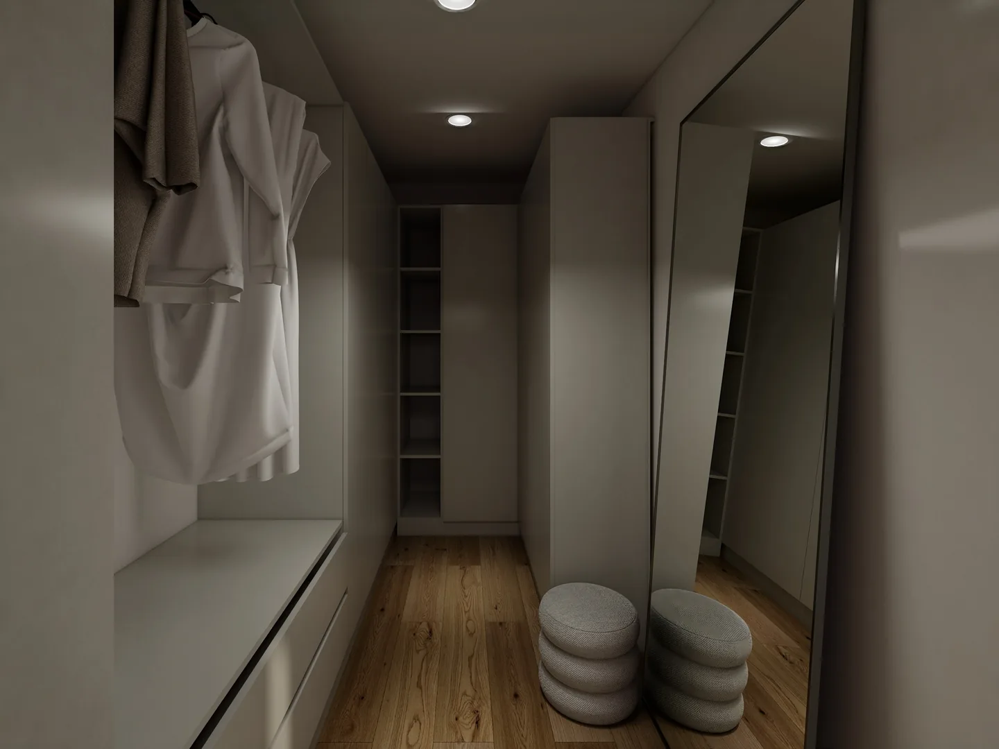 Rendu 3D d’un dressing : penderie et peignoir suspendu, grand miroir, pouf gris, parquet.